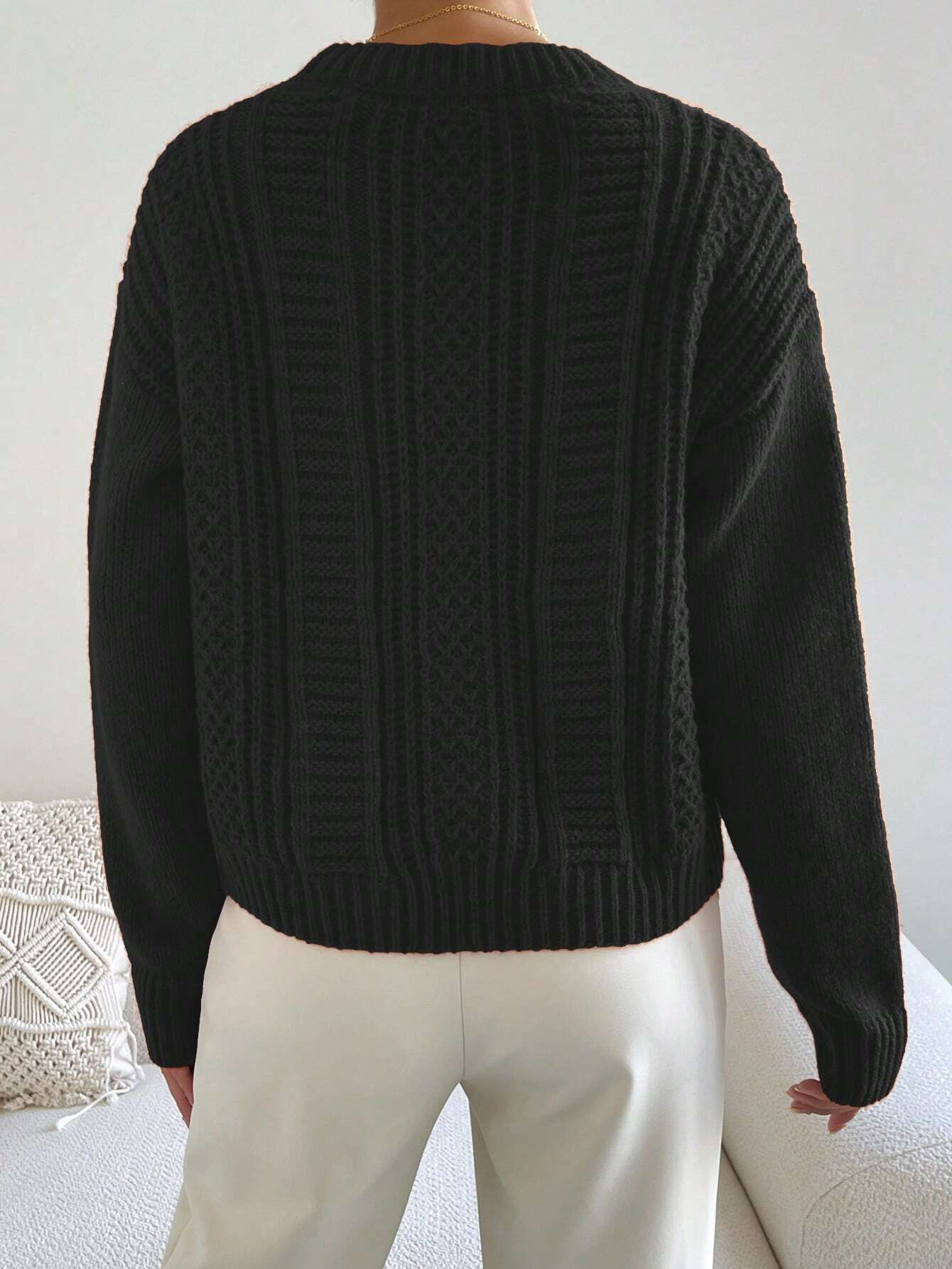 Chiquease Pull tricoté ample à épaules tombantes de couleur unie, style décontracté pour — vue 10