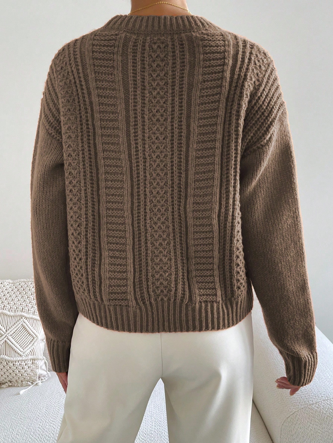 Chiquease Pull tricoté ample à épaules tombantes de couleur unie, style décontracté pour — vue 12