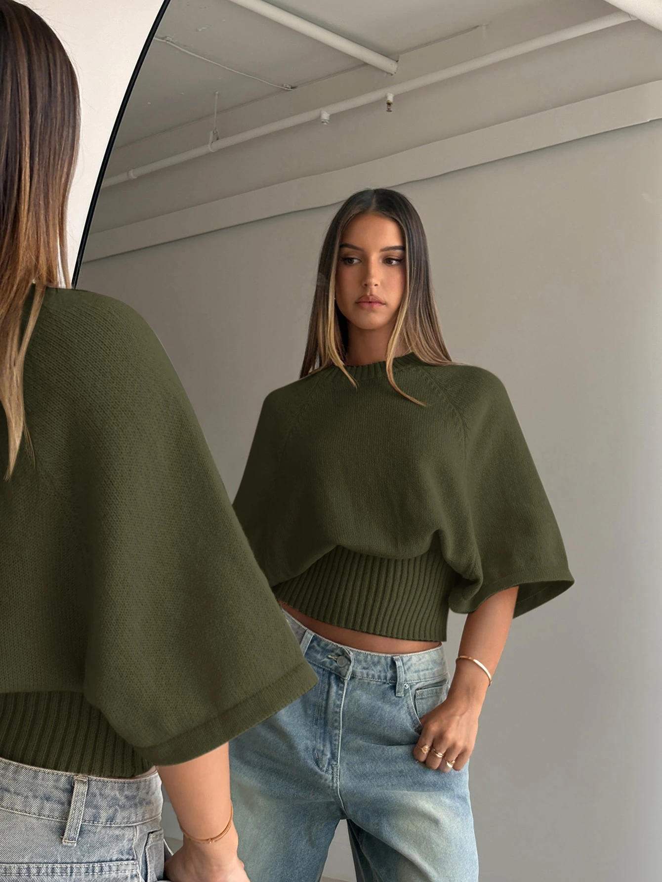 Aloruh Pull texturé pour femme à col rond, manches courtes, taille cintrée et manches — vue 4