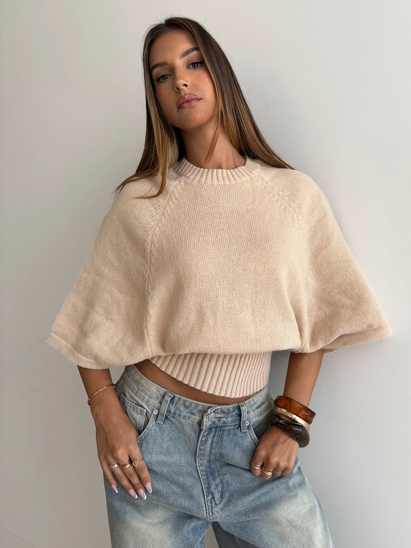 Aloruh Pull texturé pour femme à col rond, manches courtes, taille cintrée et manches — vue 5