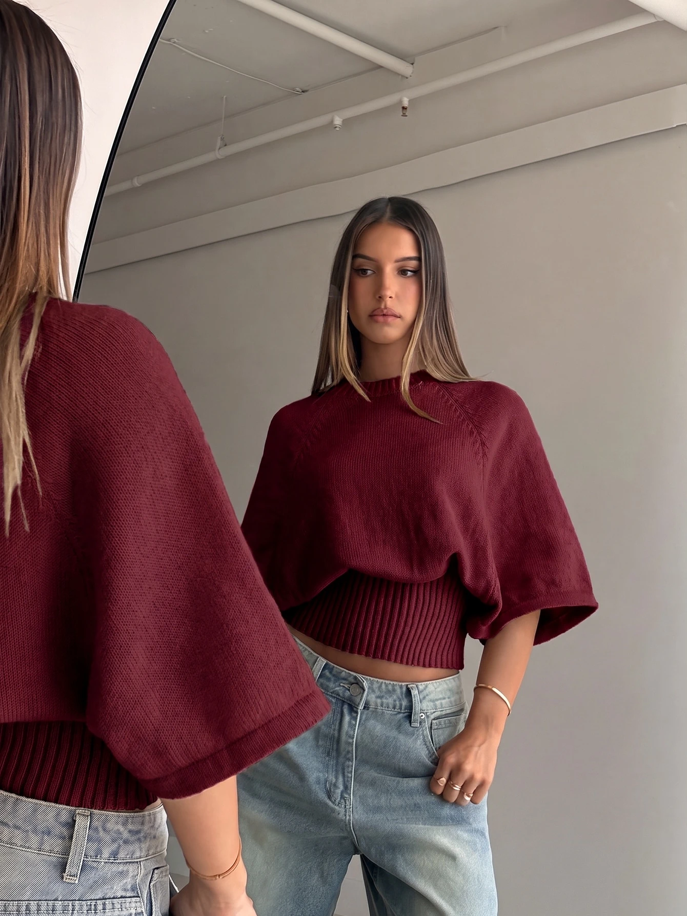 Aloruh Pull texturé pour femme à col rond, manches courtes, taille cintrée et manches — vue 3