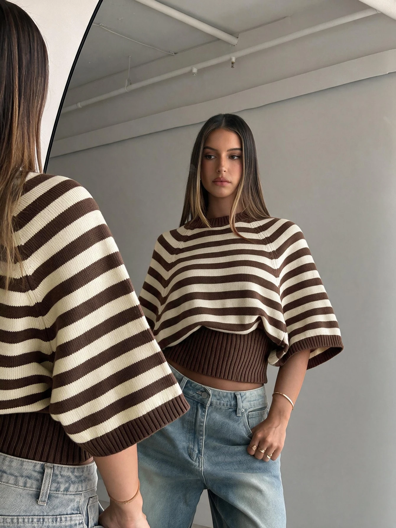 Aloruh Pull texturé pour femme à col rond, manches courtes, taille cintrée et manches — vue 6