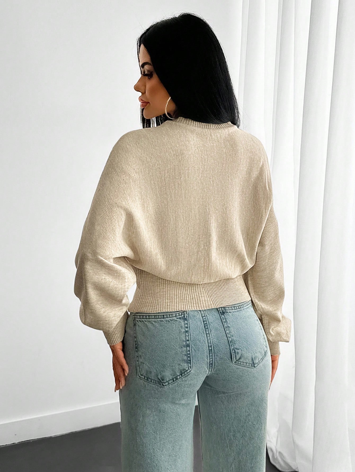 EURMUSE Pull en tricot structuré avec manches volumineuses, taille ajustée, manches — vue 6