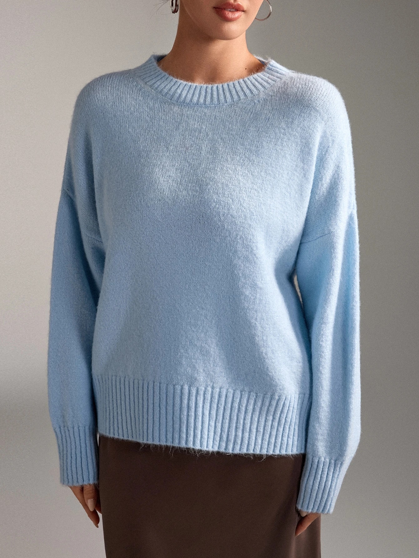 Pariaura Pull femme col rond bleu clair douillet manches longues toucher doux pour brunch — vue 9