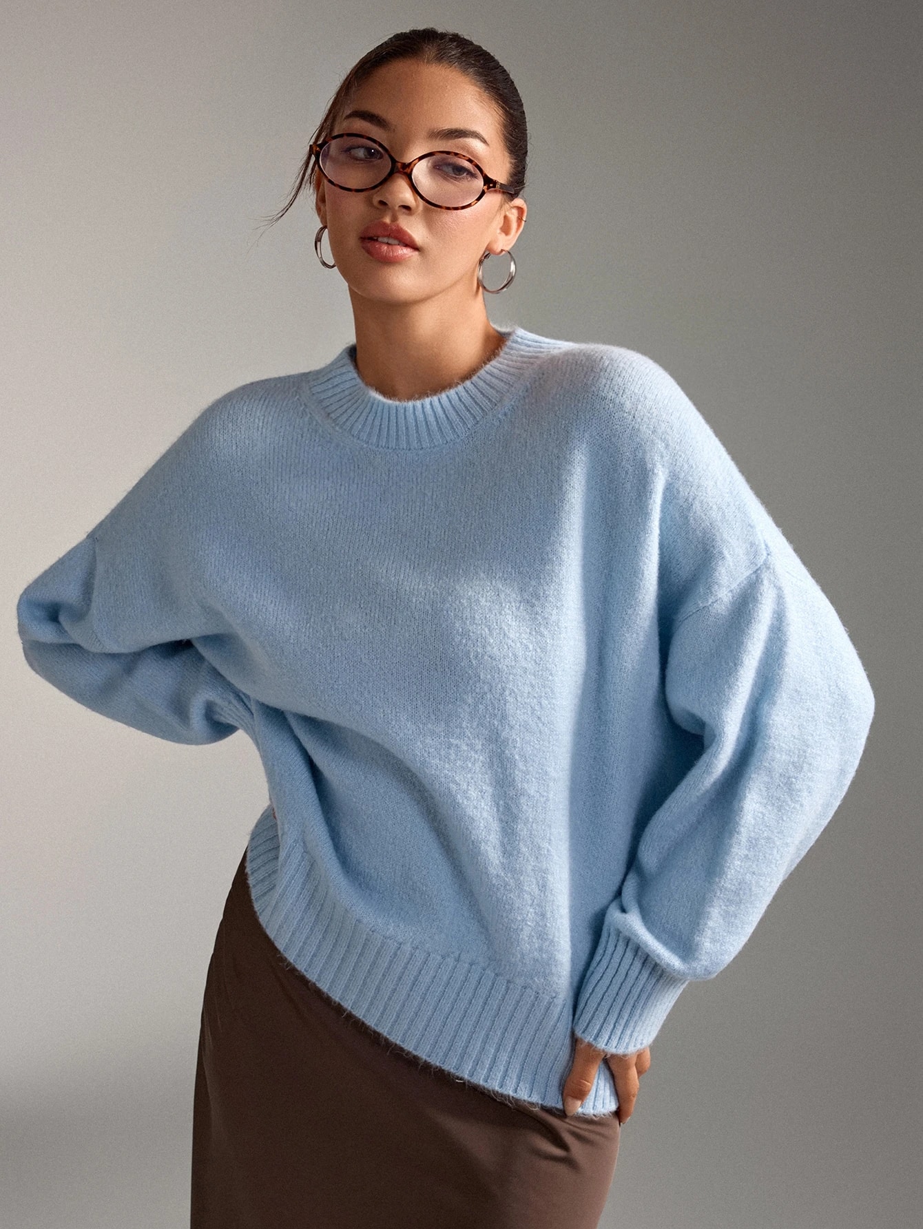 Pariaura Pull femme col rond bleu clair douillet manches longues toucher doux pour brunch — vue 10