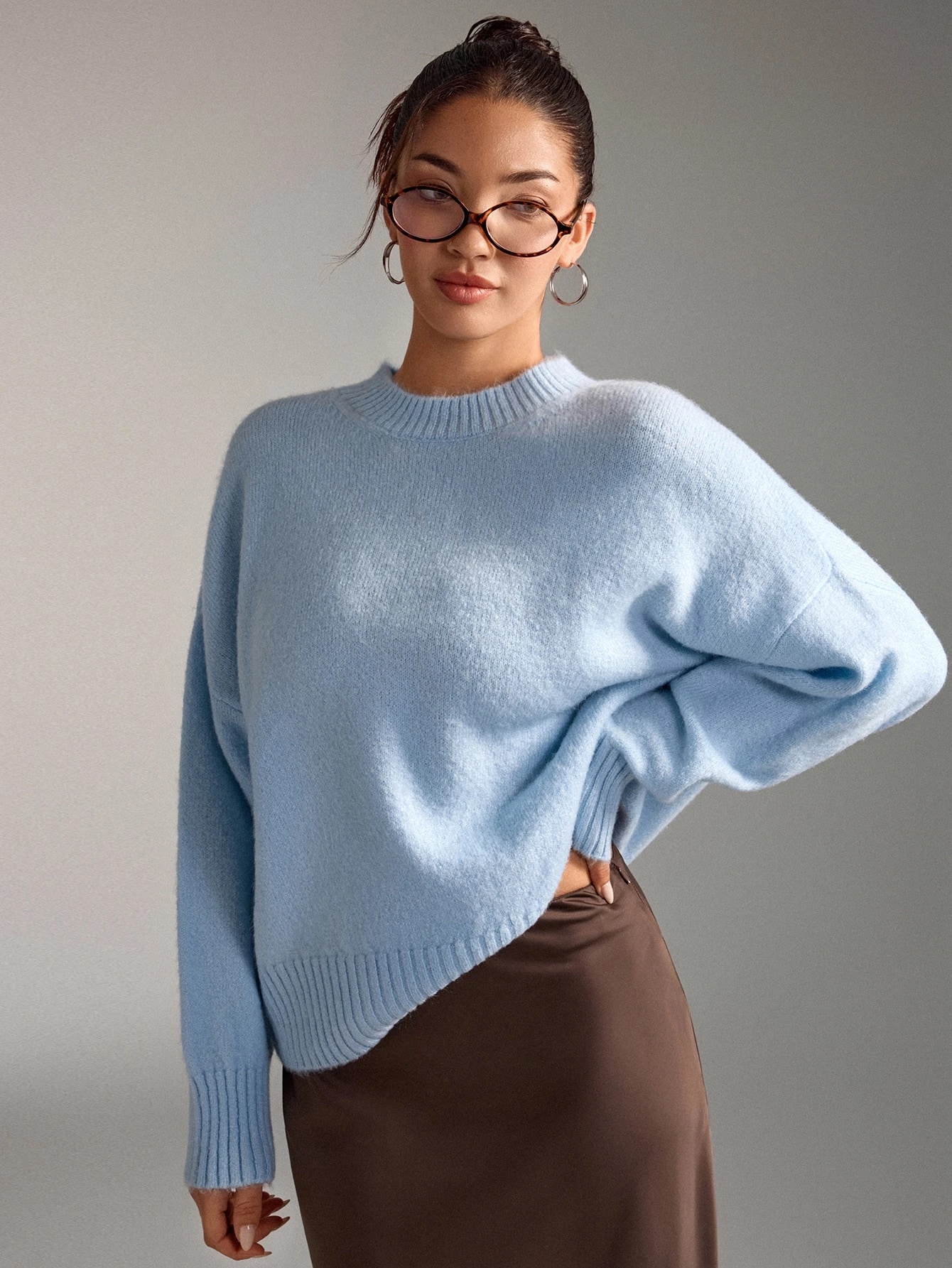 Pariaura Pull femme col rond bleu clair douillet manches longues toucher doux pour brunch — vue 8