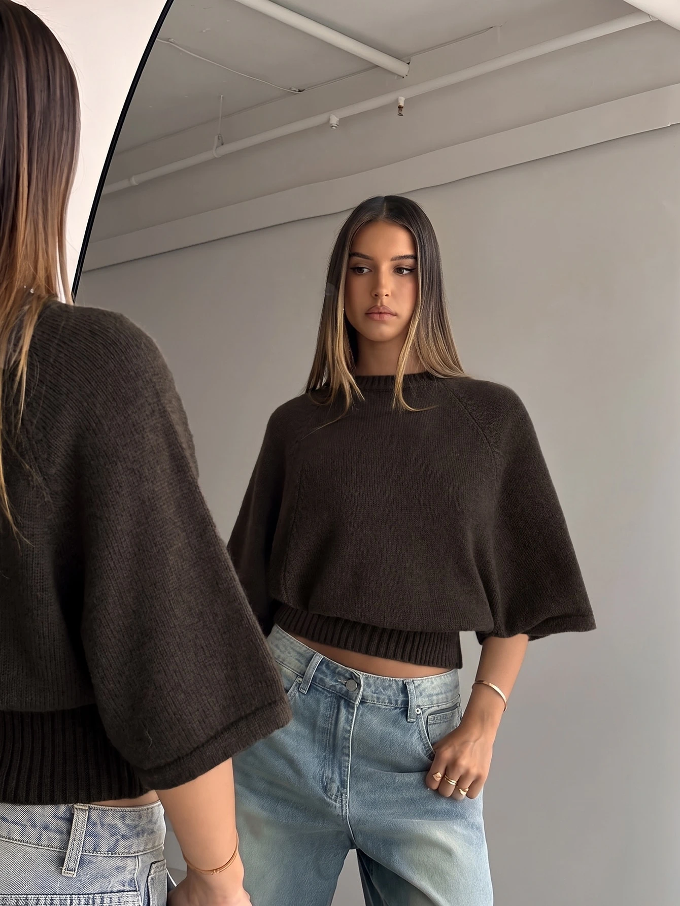 Aloruh Pull texturé pour femme à col rond, manches courtes, taille cintrée et manches — vue 10