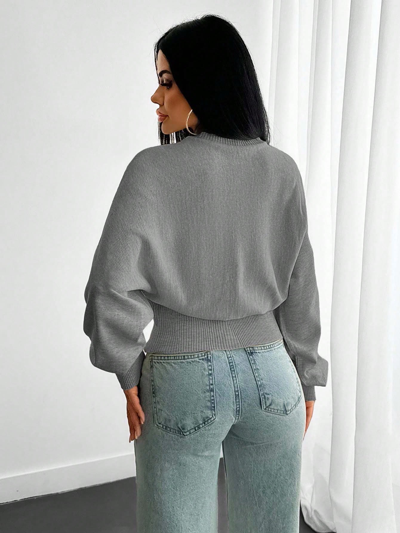 EURMUSE Pull en tricot structuré avec manches volumineuses, taille ajustée, manches — vue 7