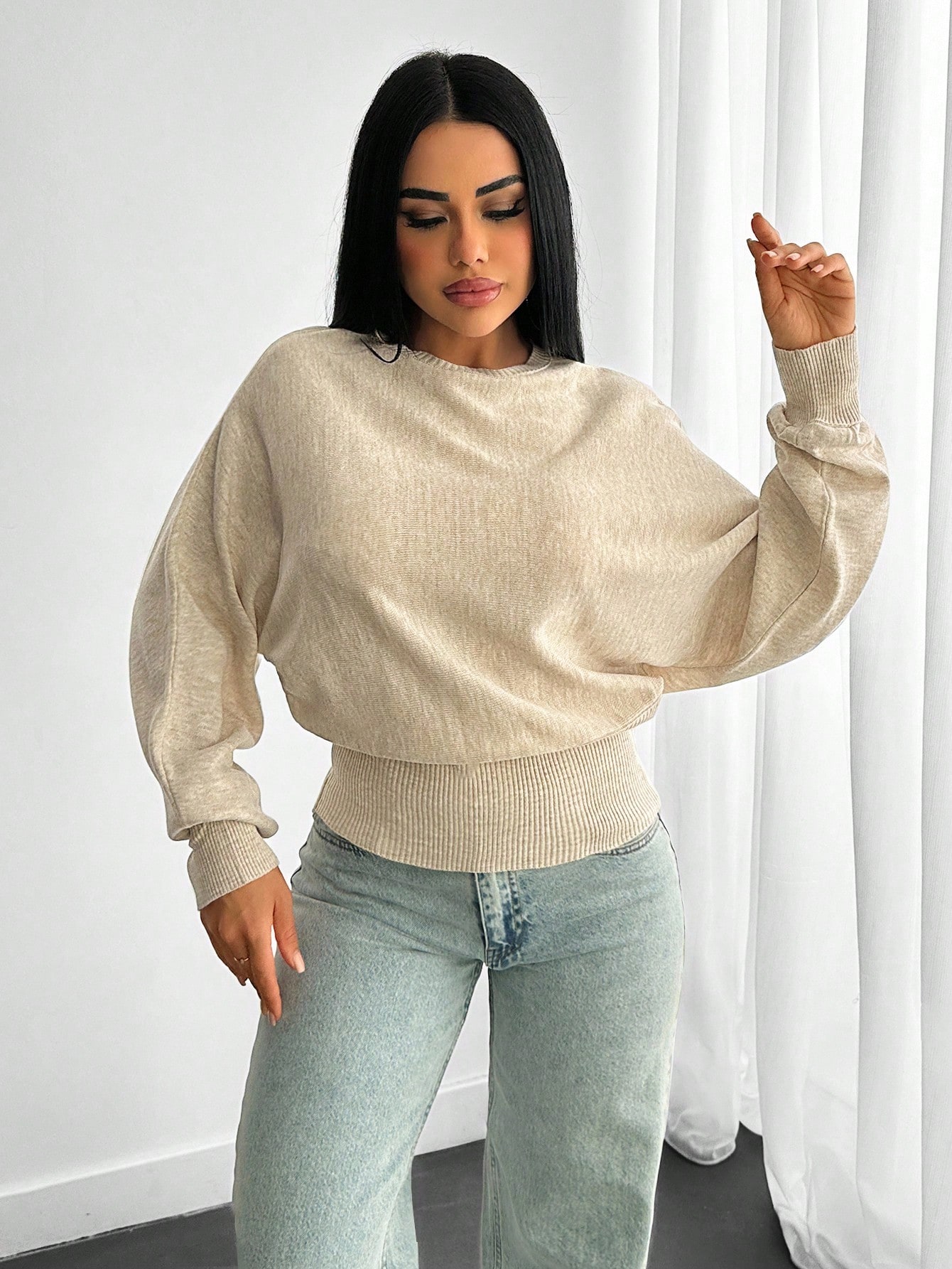 EURMUSE Pull en tricot structuré avec manches volumineuses, taille ajustée, manches — vue 11