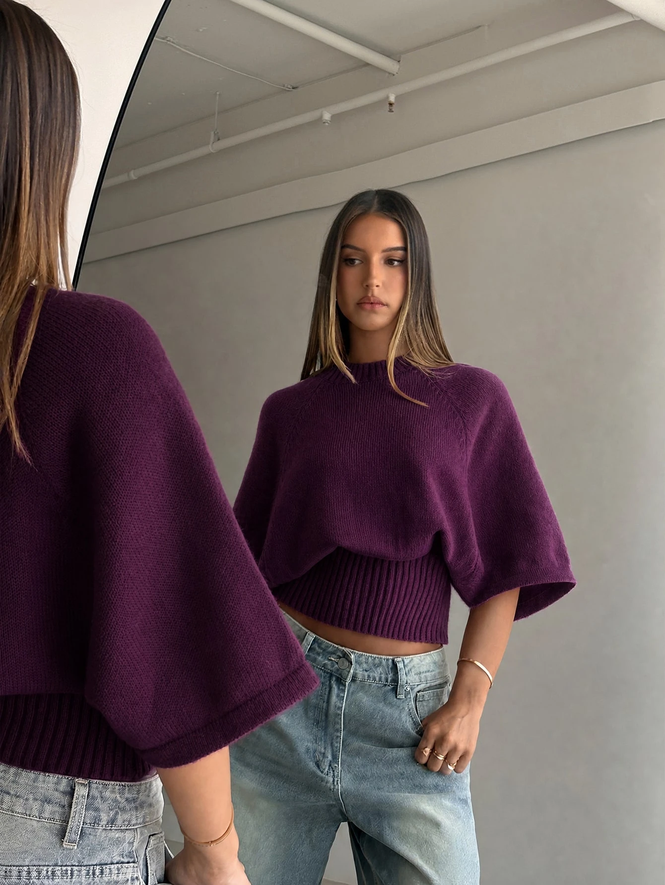 Aloruh Pull texturé pour femme à col rond, manches courtes, taille cintrée et manches — vue 14