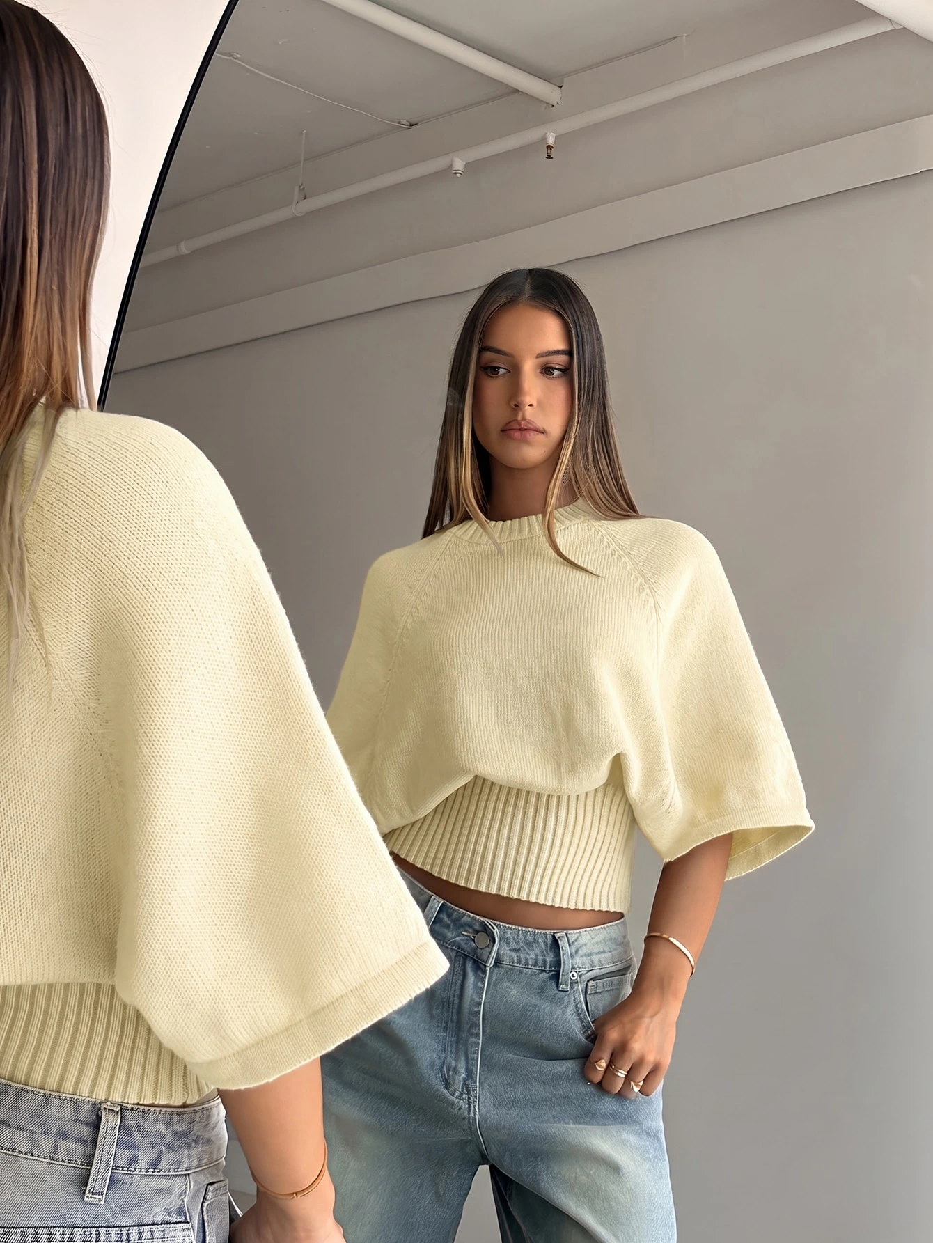 Aloruh Pull texturé pour femme à col rond, manches courtes, taille cintrée et manches — vue 13