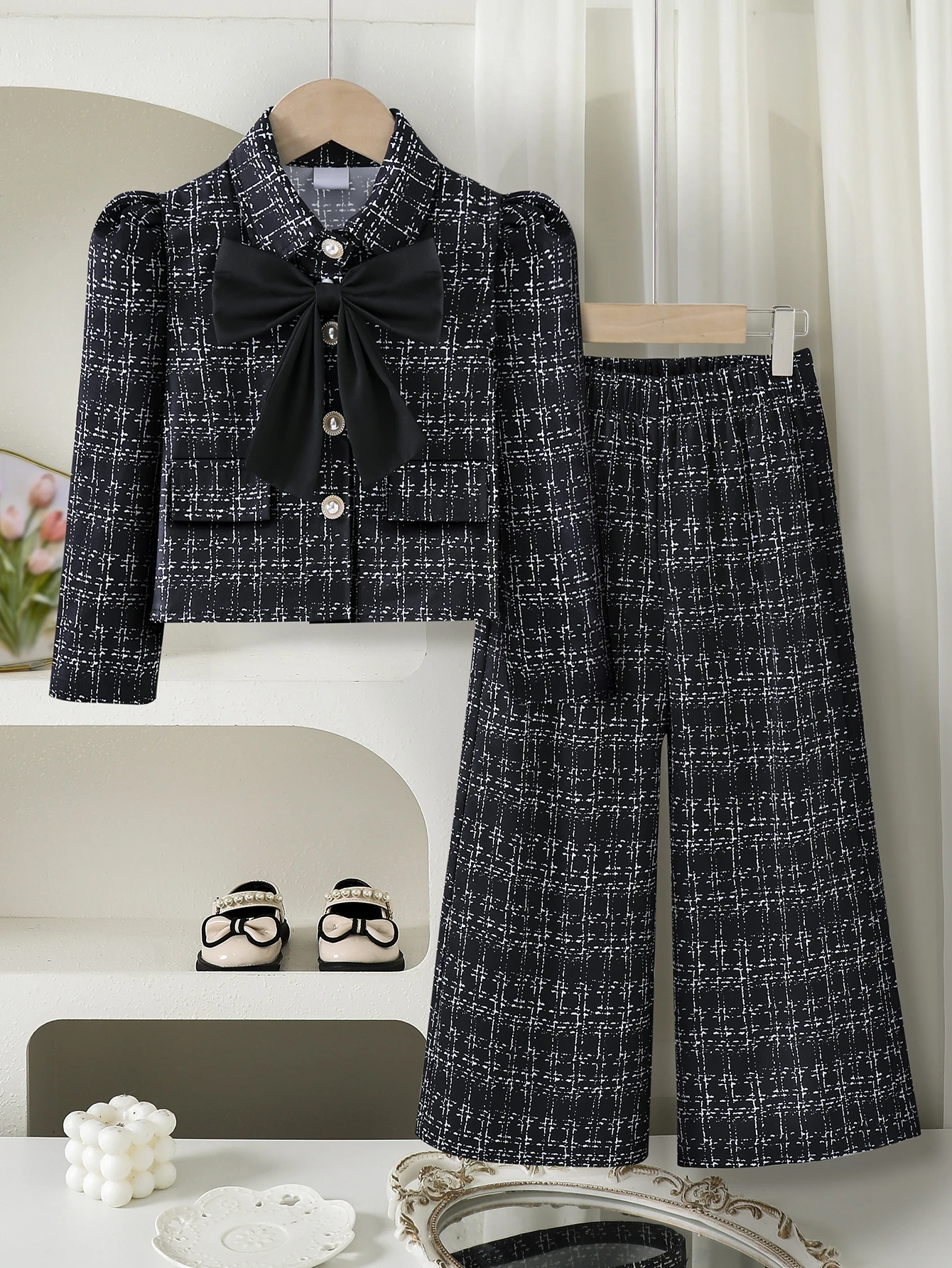 Ensemble de tenue en tweed printemps-automne pour filles, Top blanc cassé avec — vue 3
