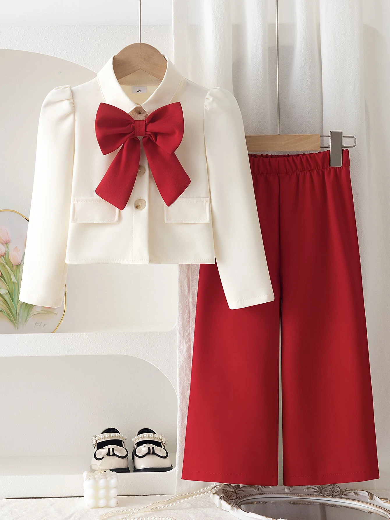 Ensemble de tenue en tweed printemps-automne pour filles, Top blanc cassé avec — vue 4