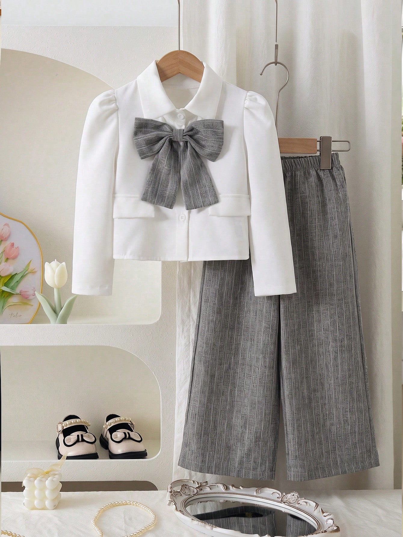 Ensemble de tenue en tweed printemps-automne pour filles, Top blanc cassé avec — vue 5