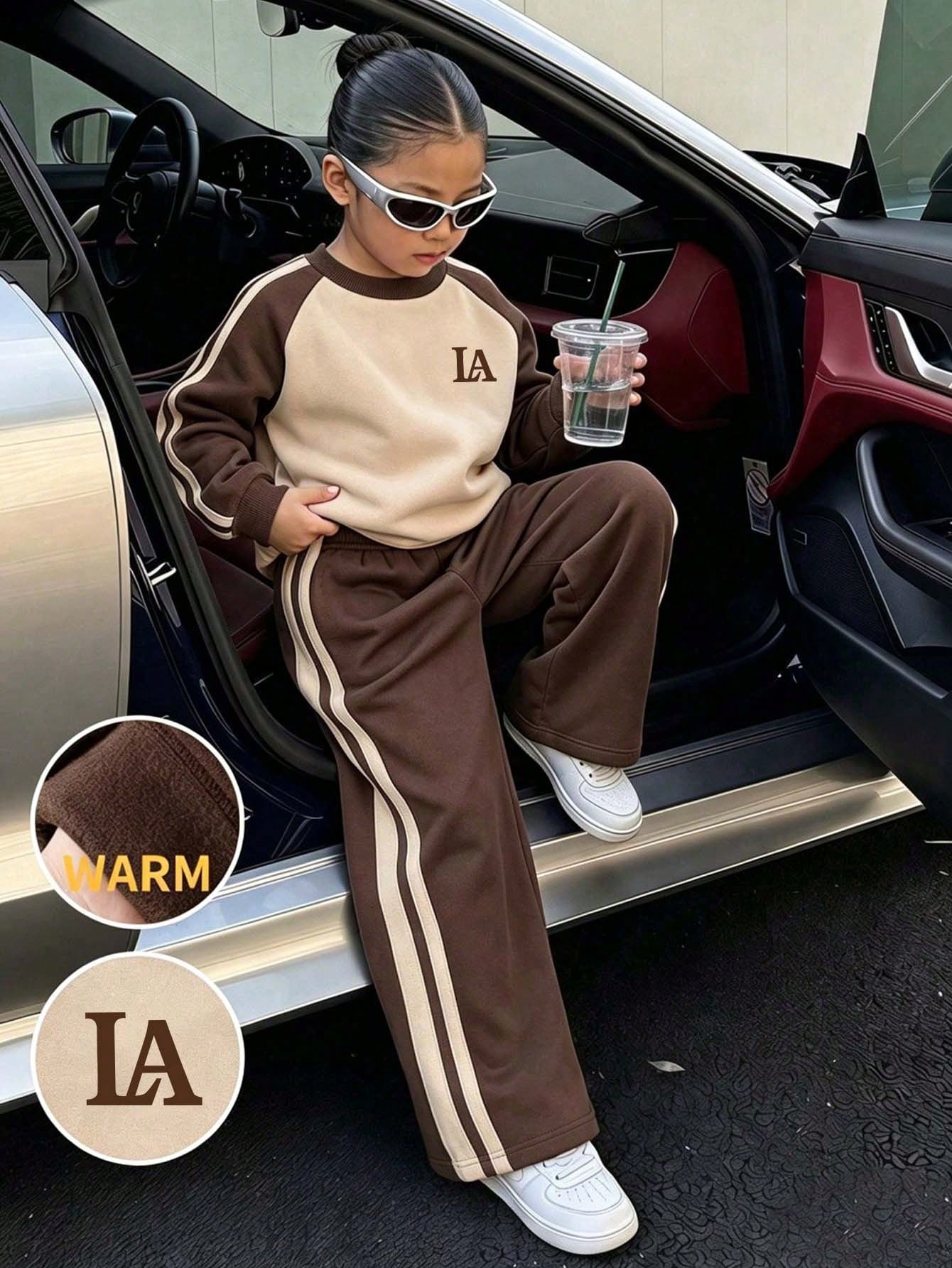 Ensemble top à col rond manches longues et pantalon avec imprimé lettres et blocs de — vue 2