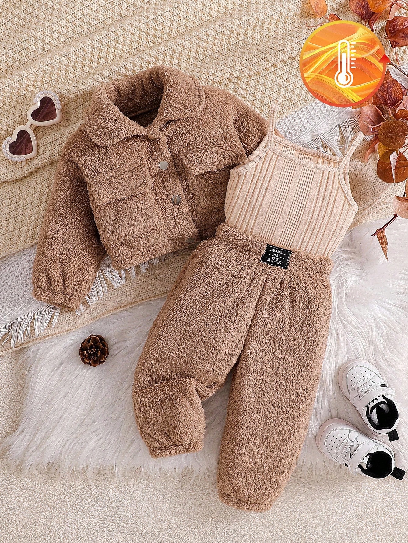 3 pièces Ensemble automne/hiver pour bébé fille, veste utilitaire à col rabattu