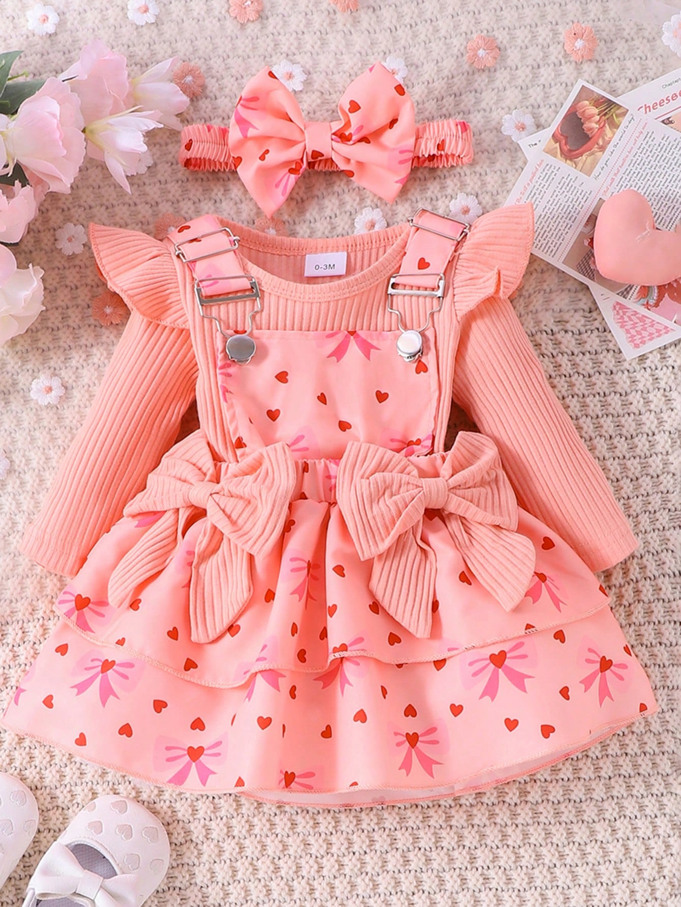 Ensemble body à manches longues mignon pour bébé fille avec jupe à bretelles et bandeau,
