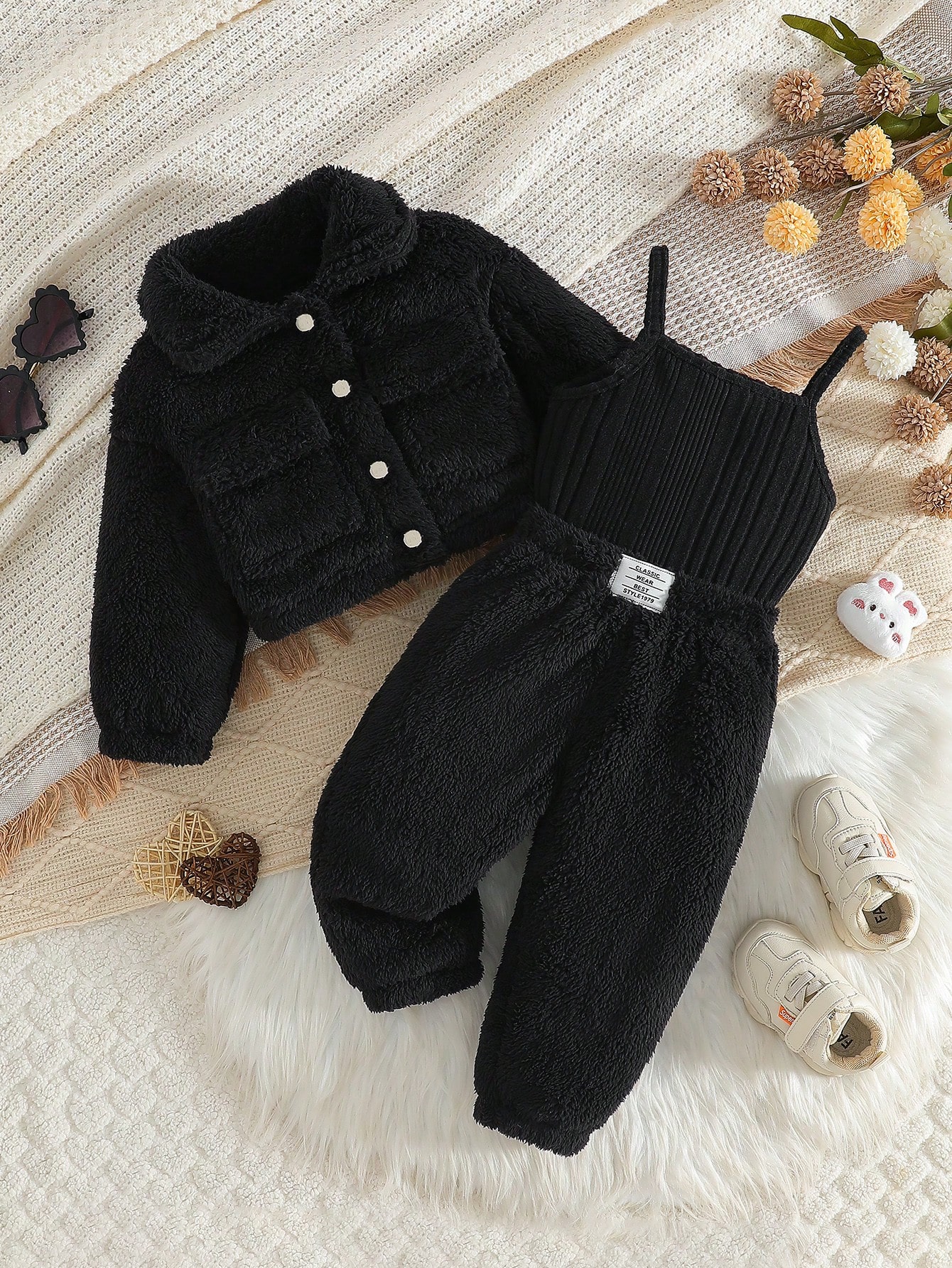 3 pièces Ensemble automne/hiver pour bébé fille, veste utilitaire à col rabattu — vue 2