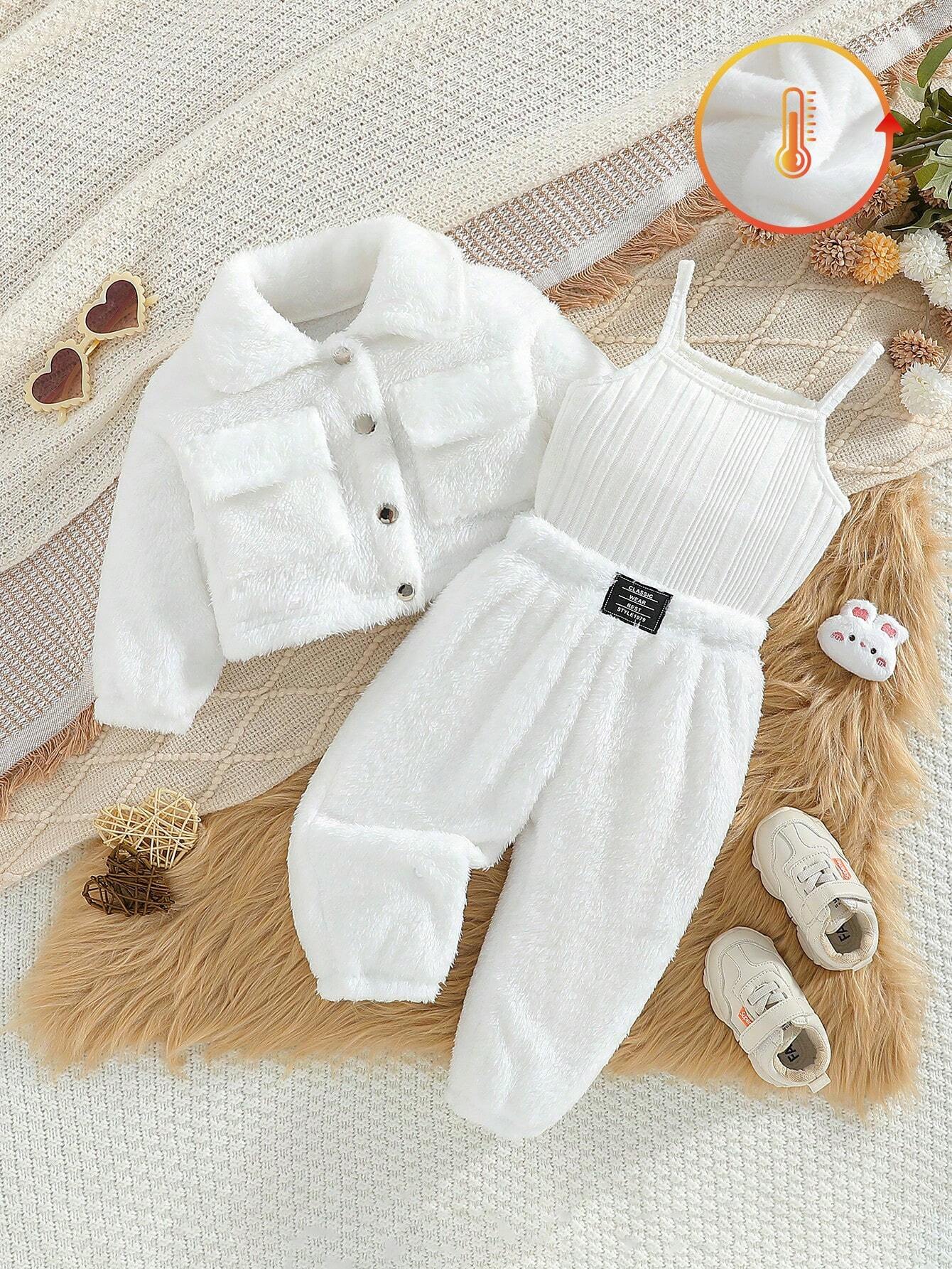 3 pièces Ensemble automne/hiver pour bébé fille, veste utilitaire à col rabattu — vue 3
