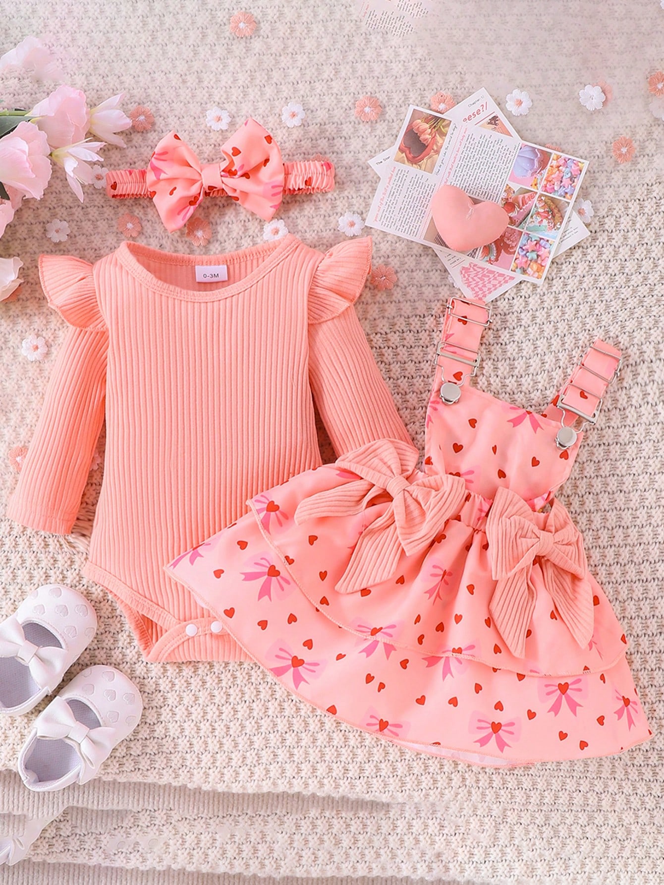 Ensemble body à manches longues mignon pour bébé fille avec jupe à bretelles et bandeau, — vue 4