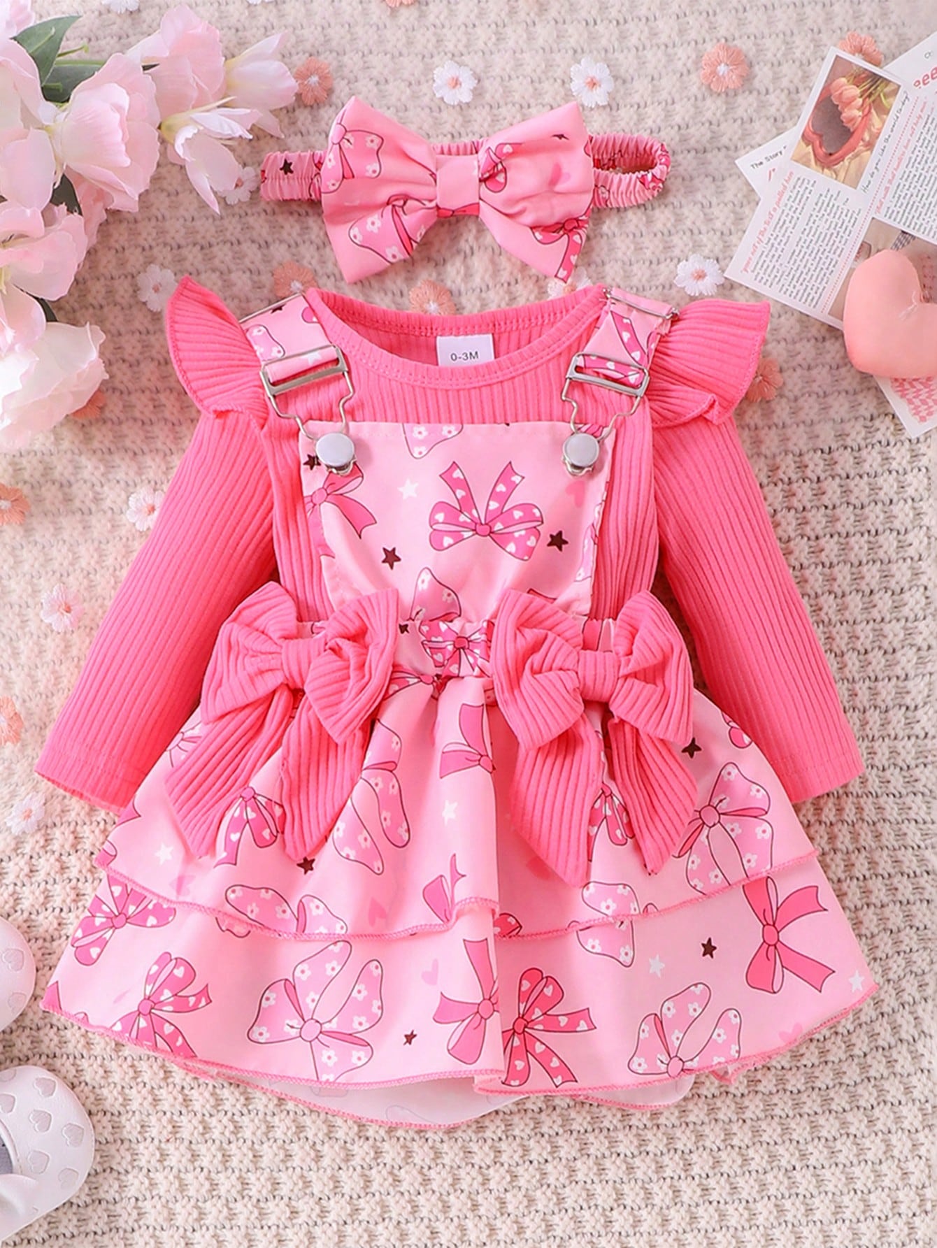 Ensemble body à manches longues mignon pour bébé fille avec jupe à bretelles et bandeau, — vue 2