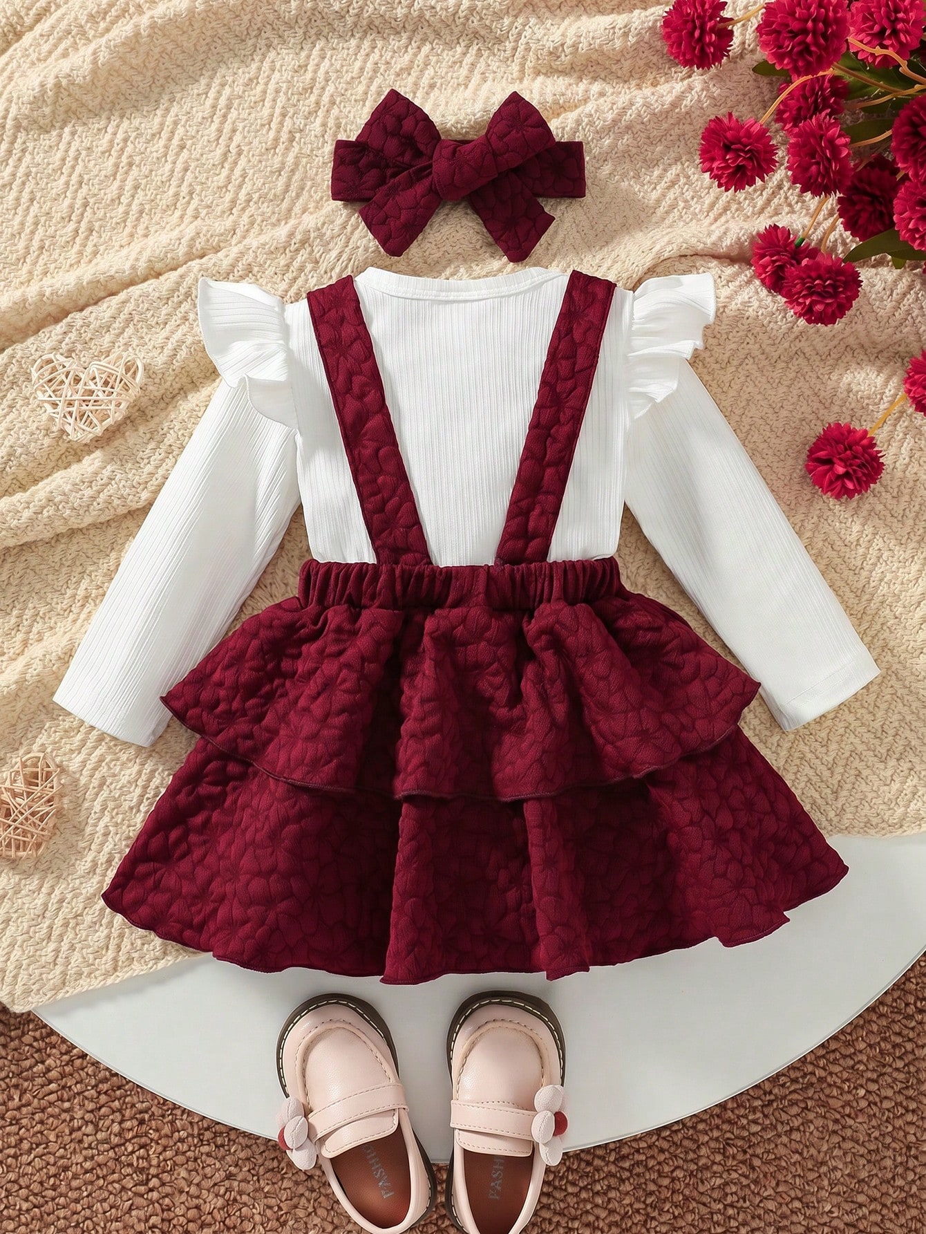 Ensemble pour bébé fille: Body côtelé blanc avec manches à volants, robe à volants — vue 6