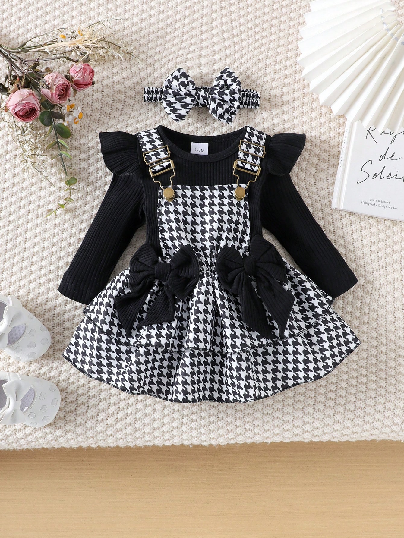 Ensemble body à manches longues mignon pour bébé fille avec jupe à bretelles et bandeau, — vue 3