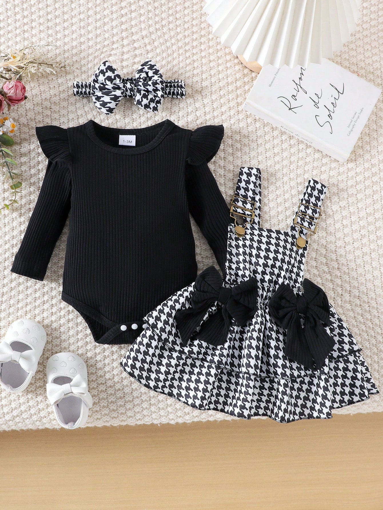 Ensemble body à manches longues mignon pour bébé fille avec jupe à bretelles et bandeau, — vue 6
