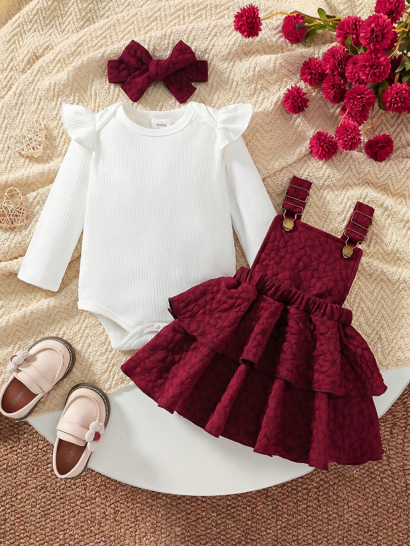 Ensemble pour bébé fille: Body côtelé blanc avec manches à volants, robe à volants — vue 2