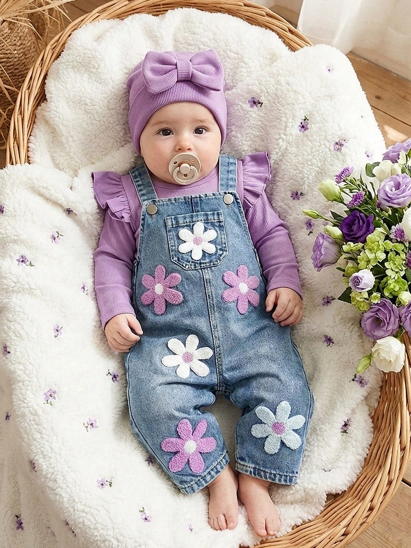 Vintaside Kids Ensemble pour bébé fille avec pantalon en jean brodé de fleurs, Top — vue 5