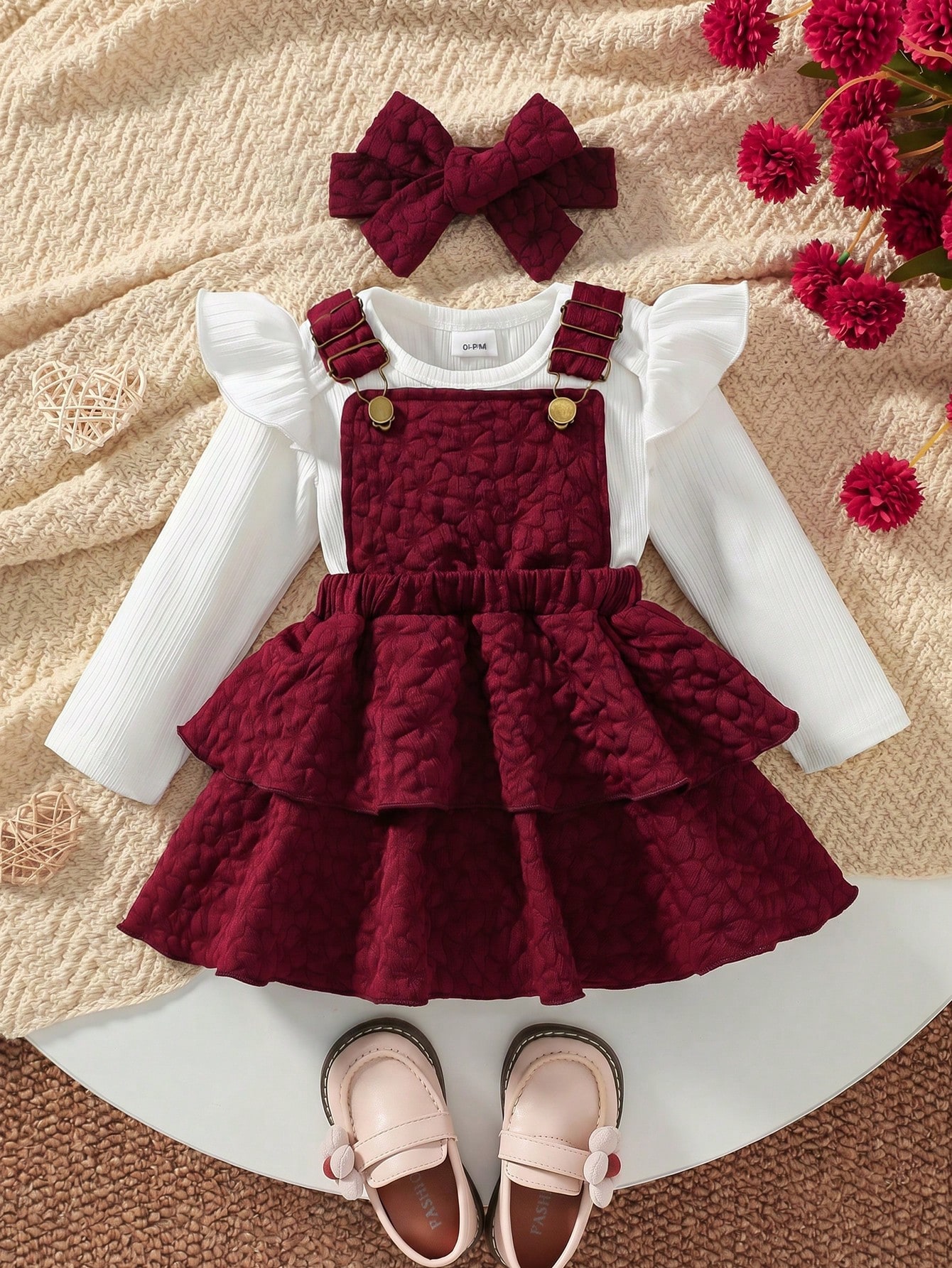 Ensemble pour bébé fille: Body côtelé blanc avec manches à volants, robe à volants — vue 4