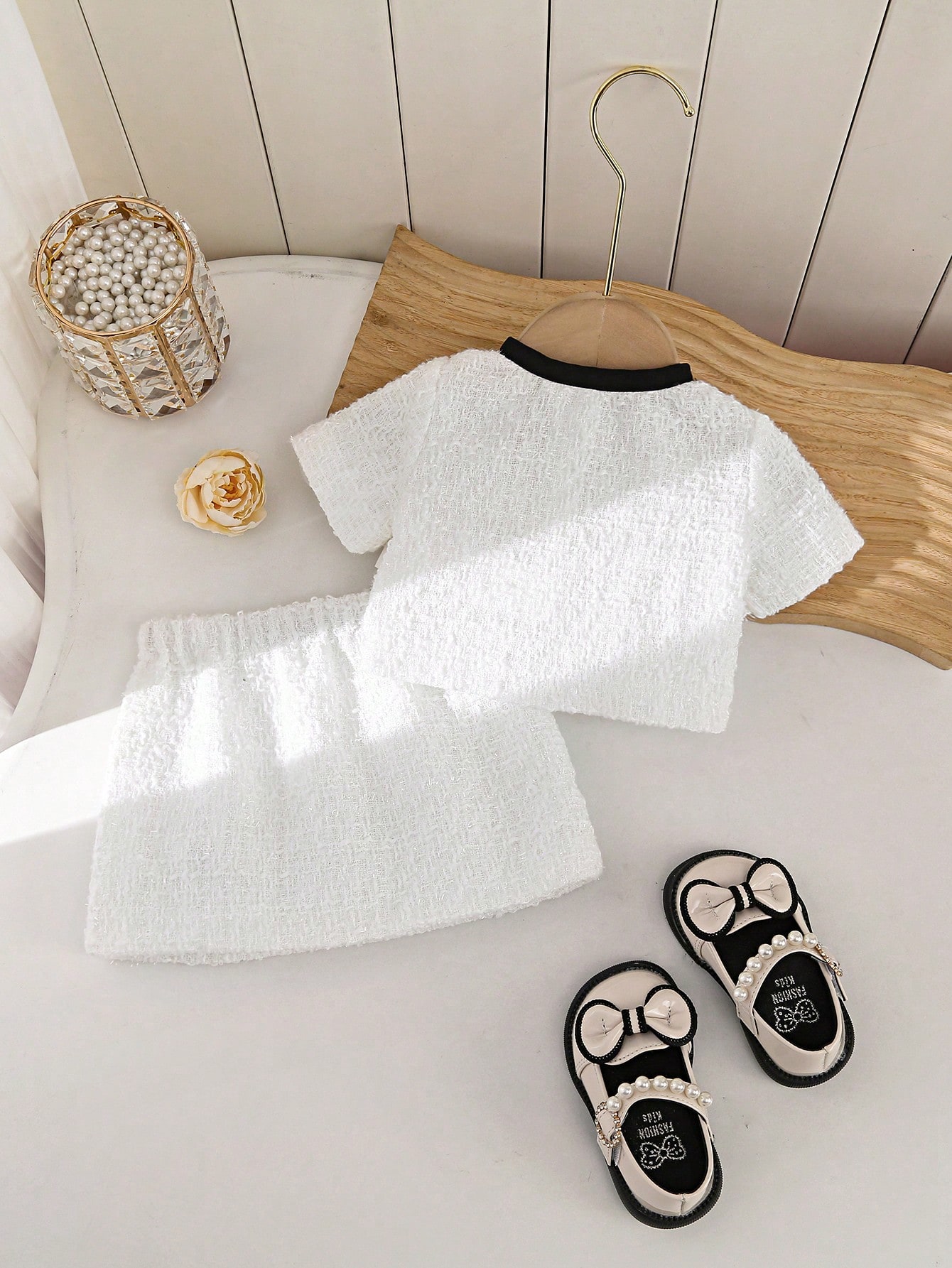 2 pièces Ensemble mignon pour bébé fille, haut tressé tweed simple et décontracté — vue 3
