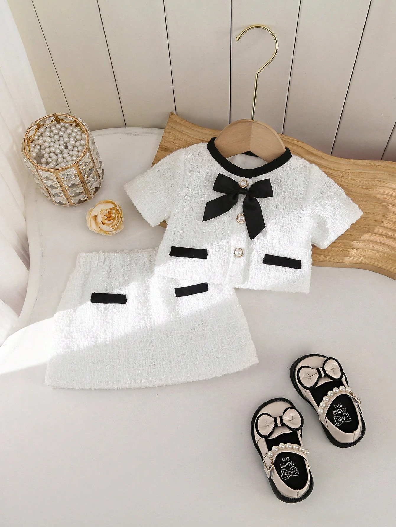 2 pièces Ensemble mignon pour bébé fille, haut tressé tweed simple et décontracté — vue 2
