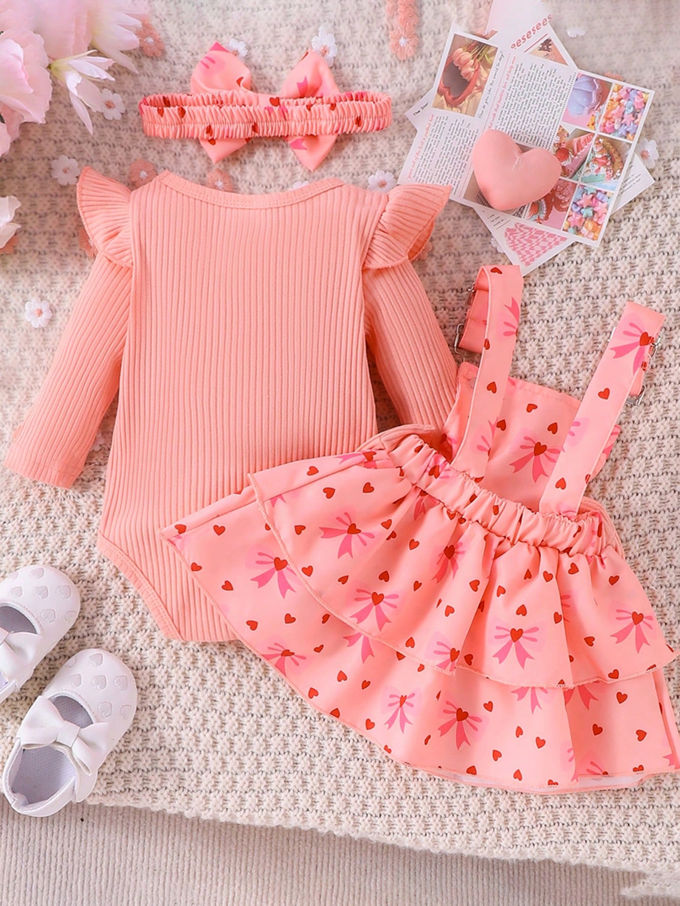 Ensemble body à manches longues mignon pour bébé fille avec jupe à bretelles et bandeau, — vue 7