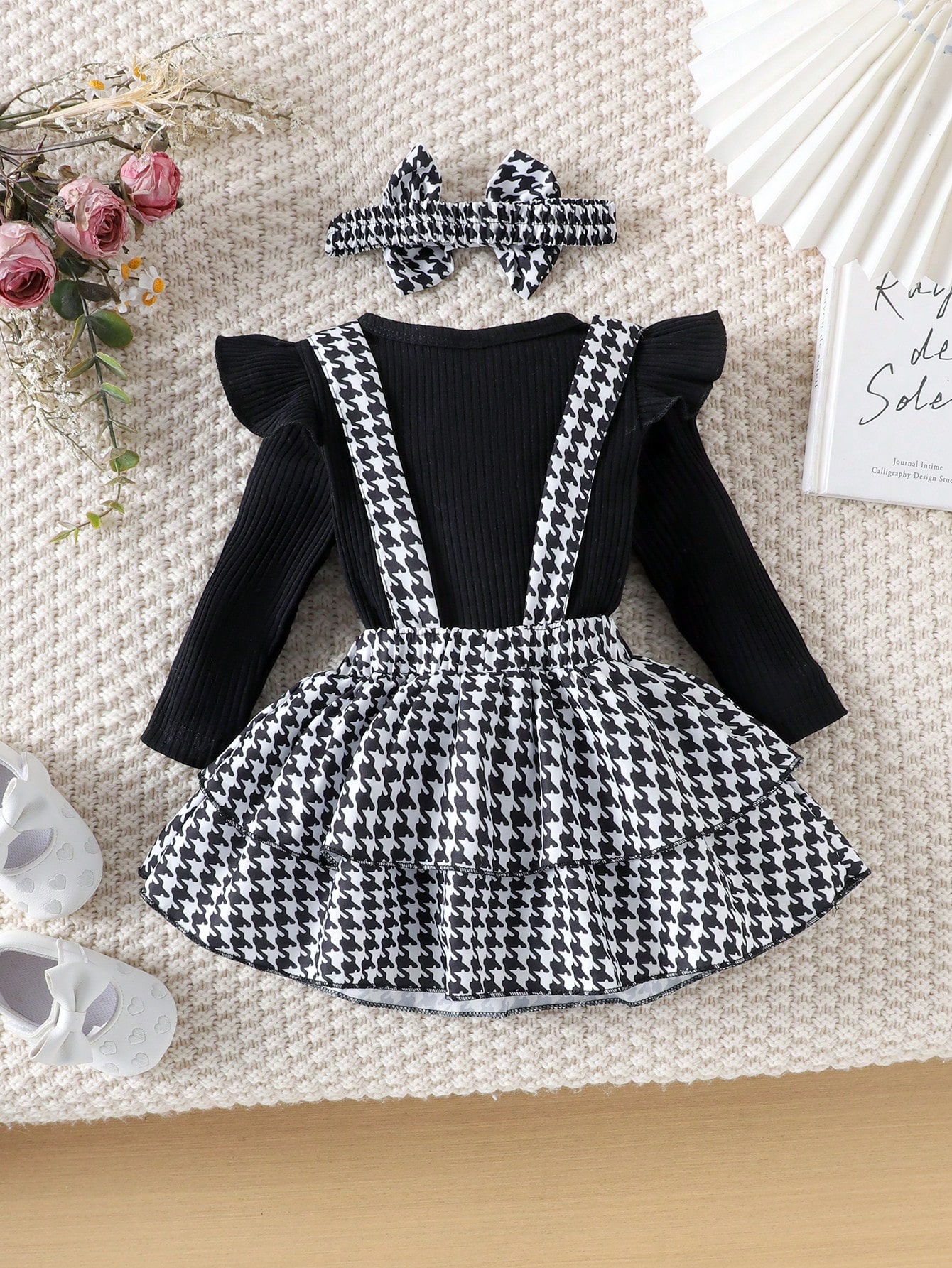 Ensemble body à manches longues mignon pour bébé fille avec jupe à bretelles et bandeau, — vue 9