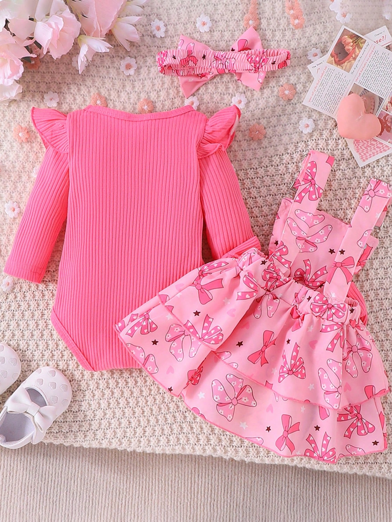 Ensemble body à manches longues mignon pour bébé fille avec jupe à bretelles et bandeau, — vue 8