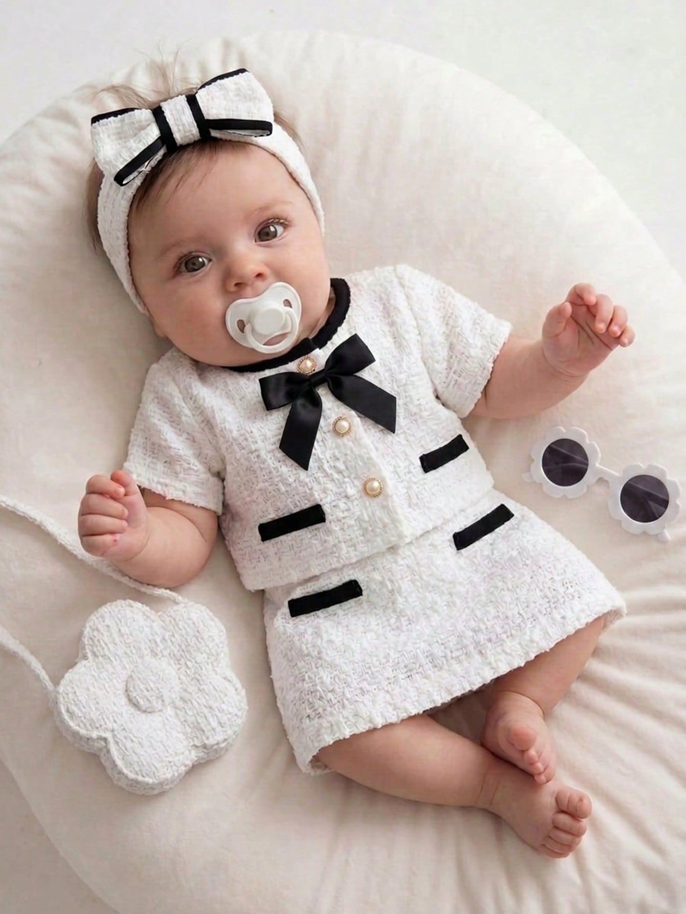 2 pièces Ensemble mignon pour bébé fille, haut tressé tweed simple et décontracté — vue 7