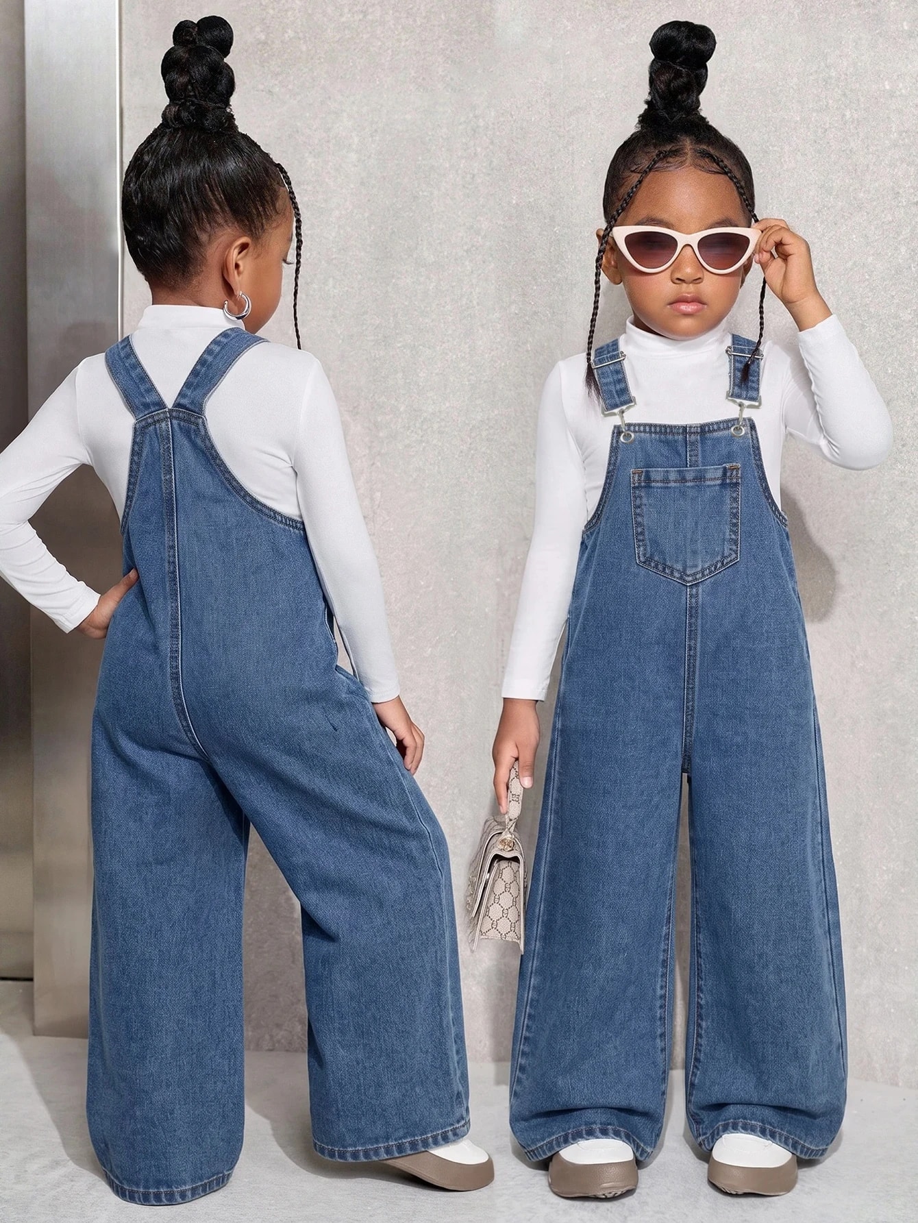 Pantalon salopette en jean bleu marine pour jeune fille — vue 4