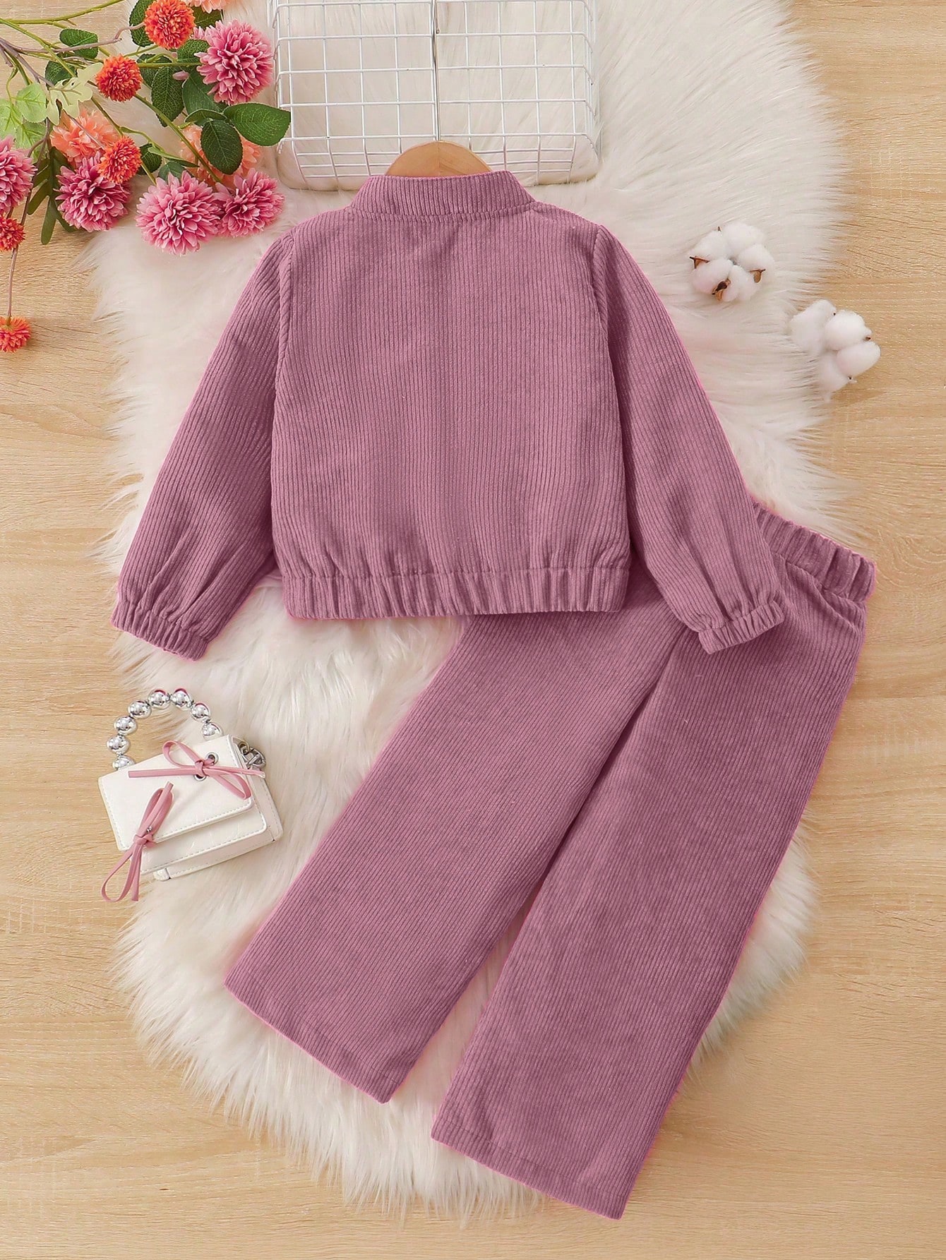 /Set Veste et pantalon en velours côtelé doux et confortable de couleur unie pour filles, — vue 6