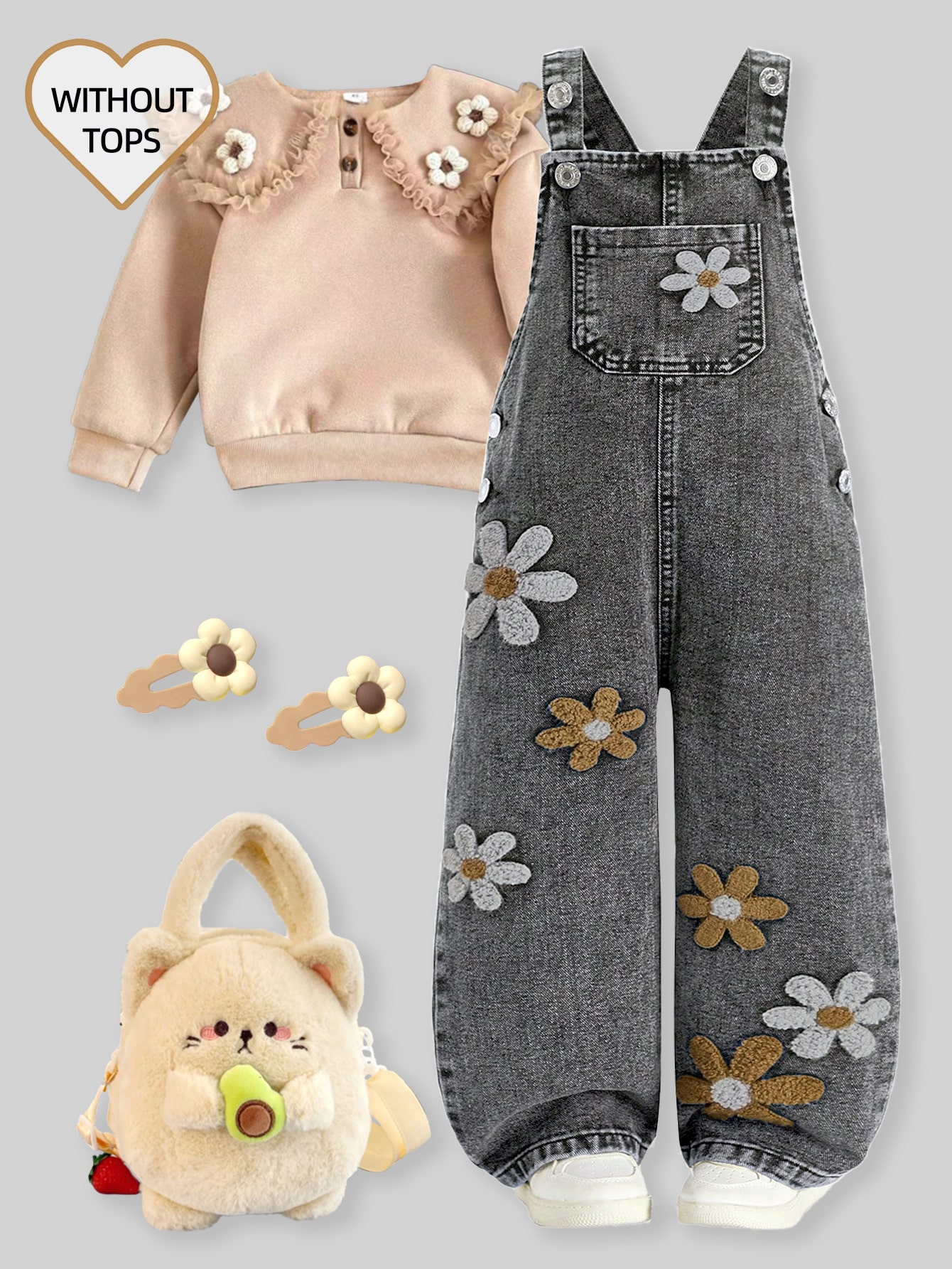 ChillGRL Ensemble de tenue pour jeune fille avec salopette en jean à décoration — vue 4