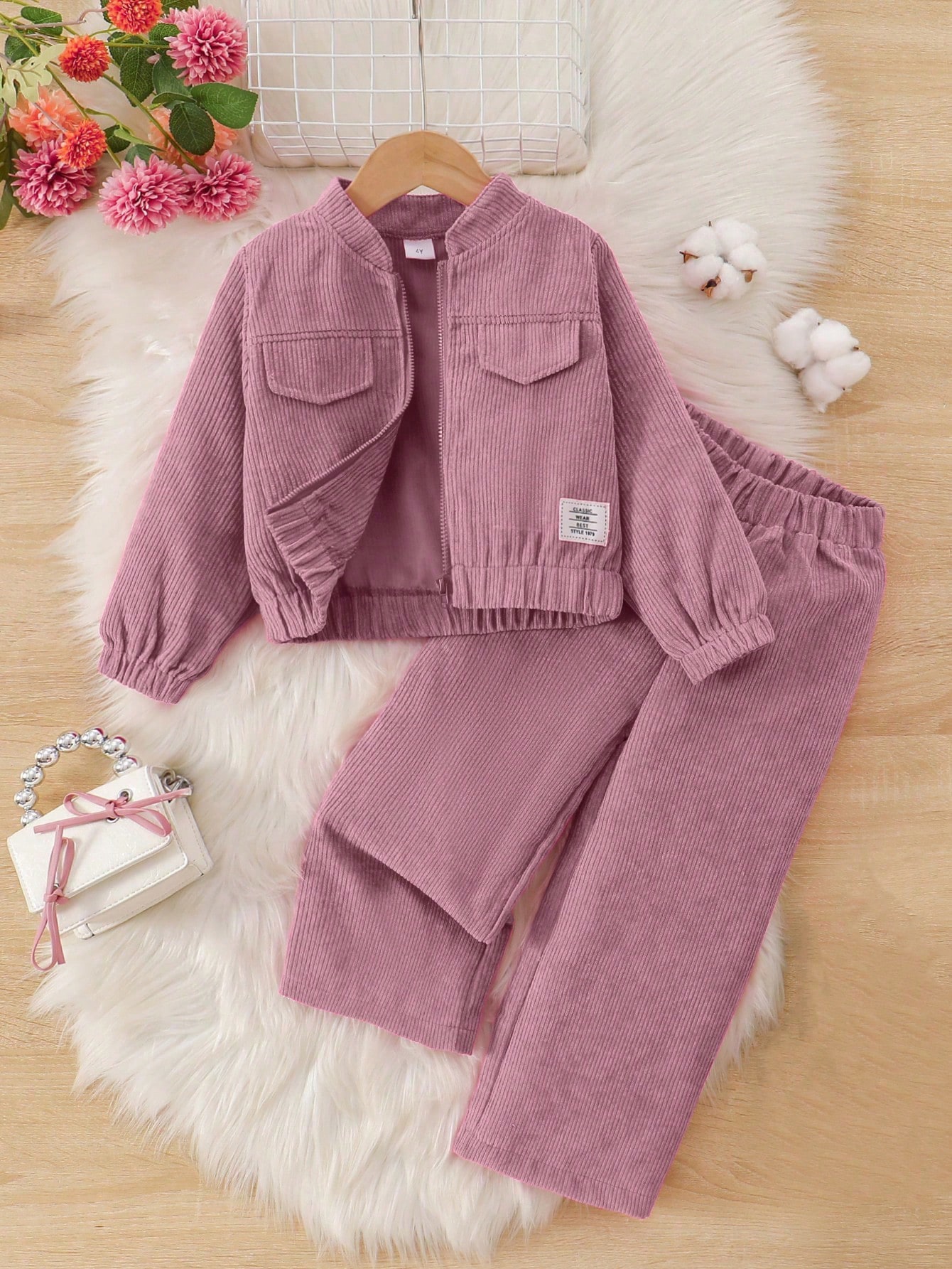 /Set Veste et pantalon en velours côtelé doux et confortable de couleur unie pour filles,