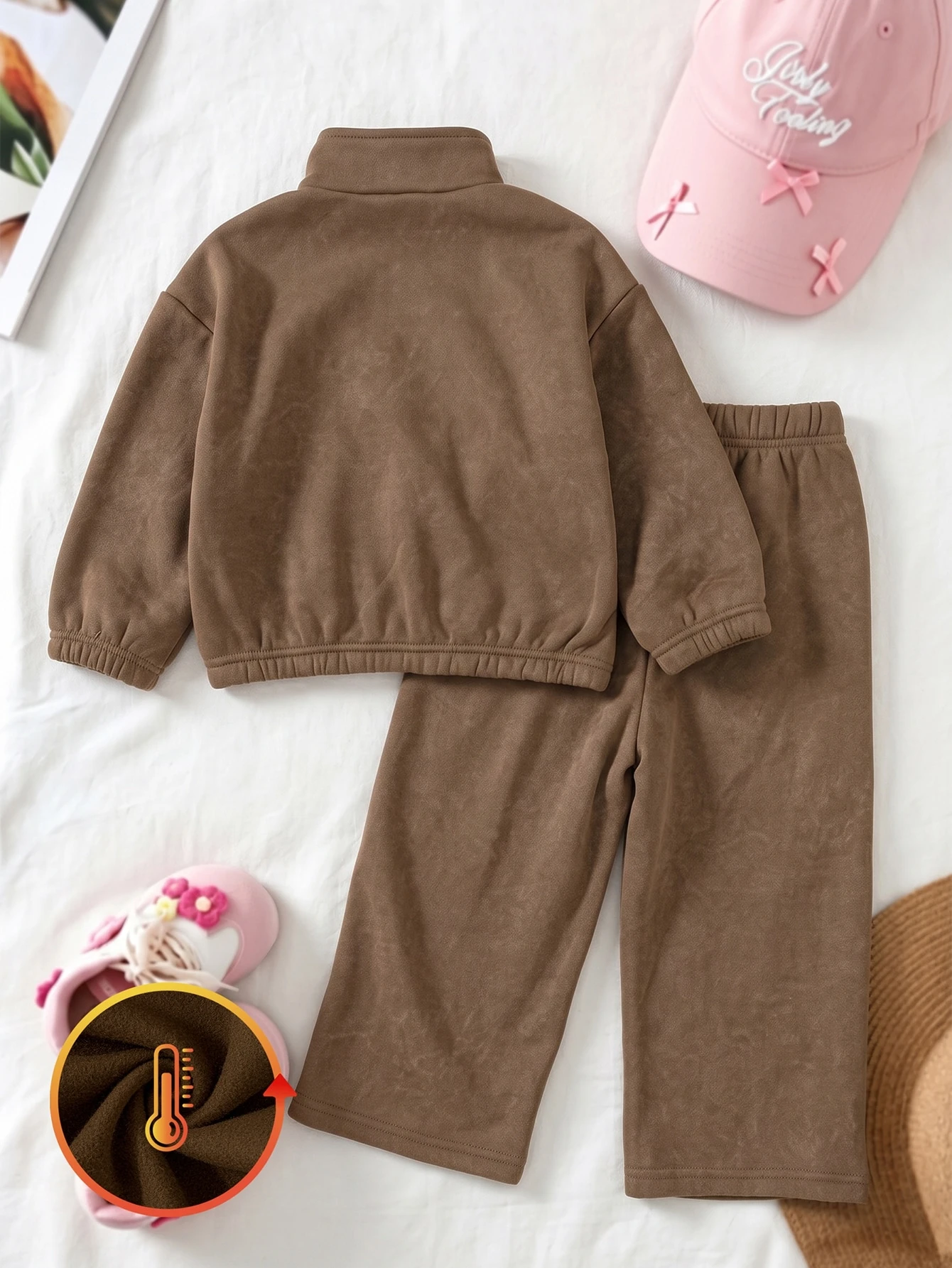 Ensemble Jeune Fille à Pois Café au Lait Doux, Sweat-shirt en Polaire à Col Montant — vue 6