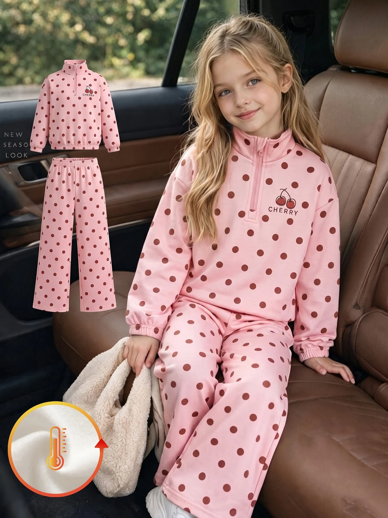 Ensemble Jeune Fille à Pois Café au Lait Doux, Sweat-shirt en Polaire à Col Montant — vue 4