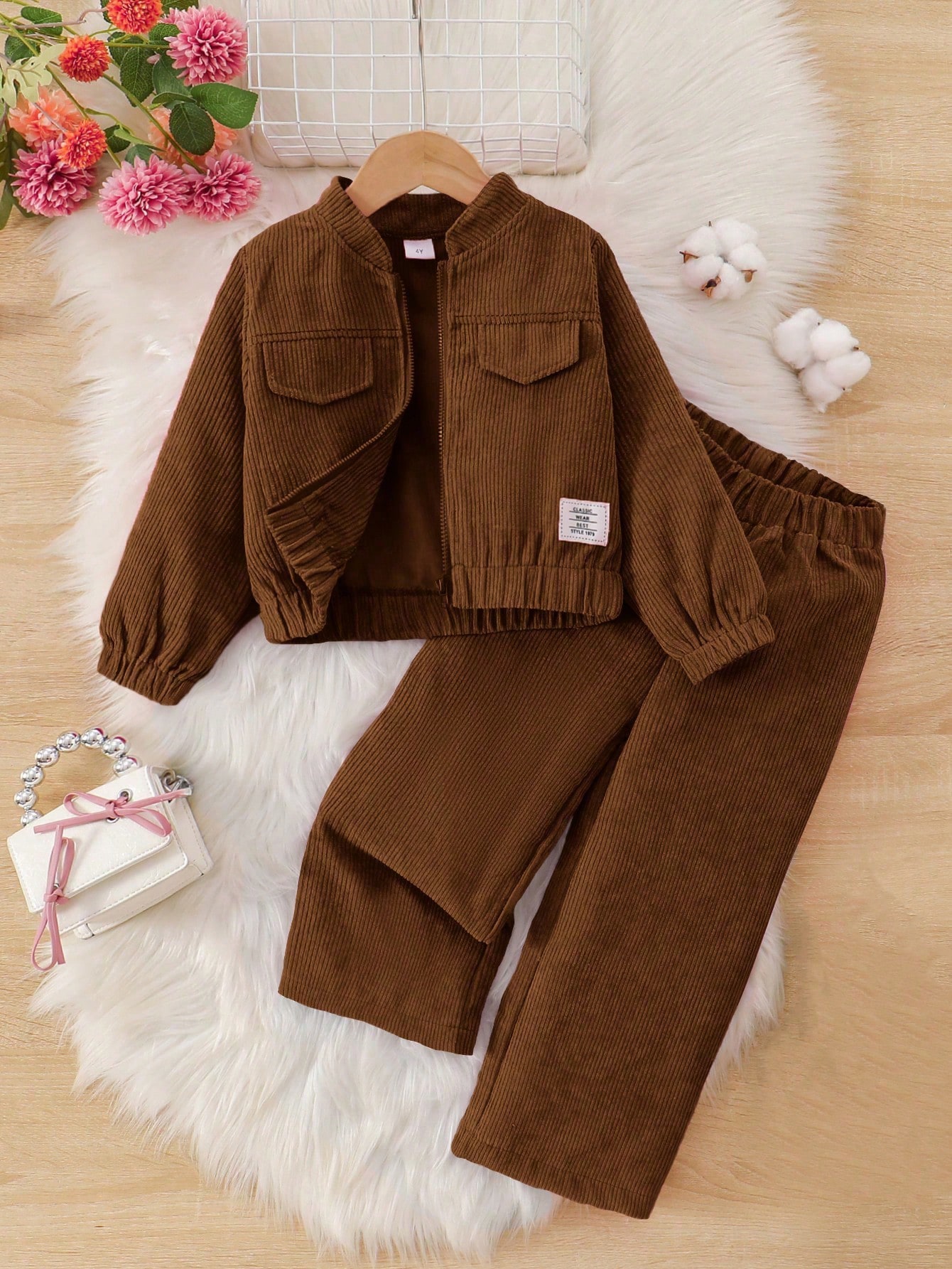 /Set Veste et pantalon en velours côtelé doux et confortable de couleur unie pour filles, — vue 2