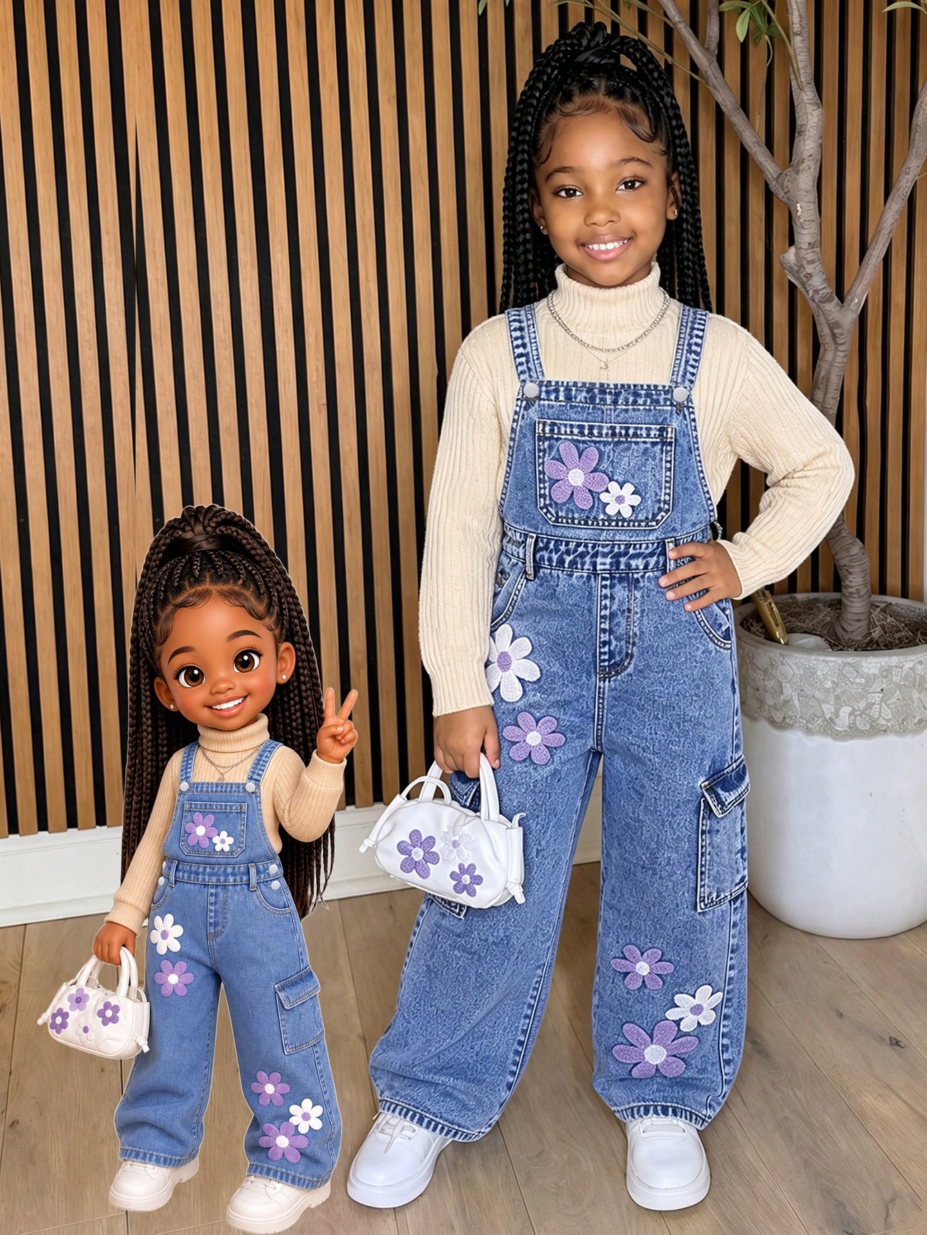 ChillGRL Ensemble de tenue pour jeune fille avec salopette en jean à décoration — vue 5