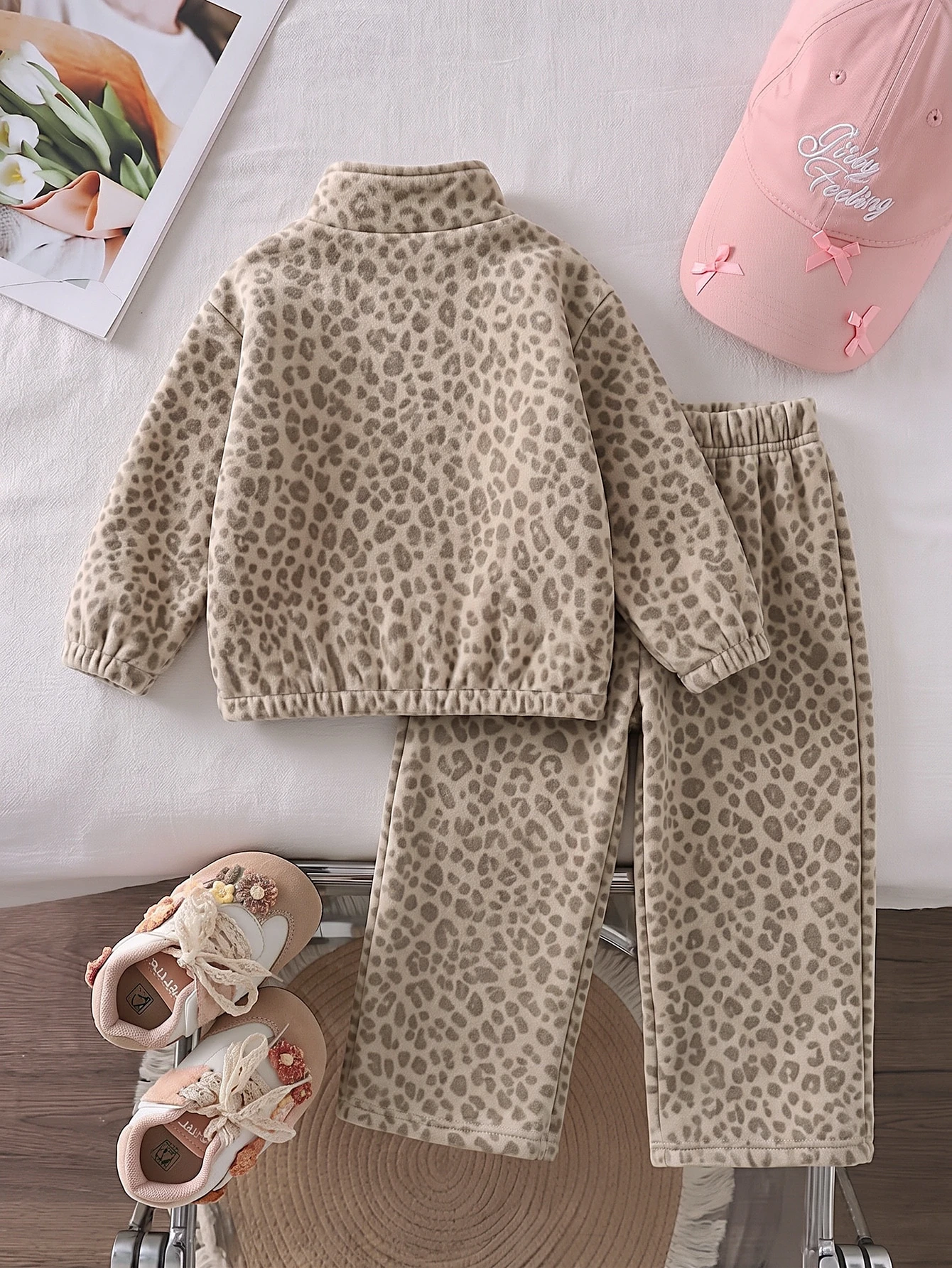 Ensemble Jeune Fille à Pois Café au Lait Doux, Sweat-shirt en Polaire à Col Montant — vue 5