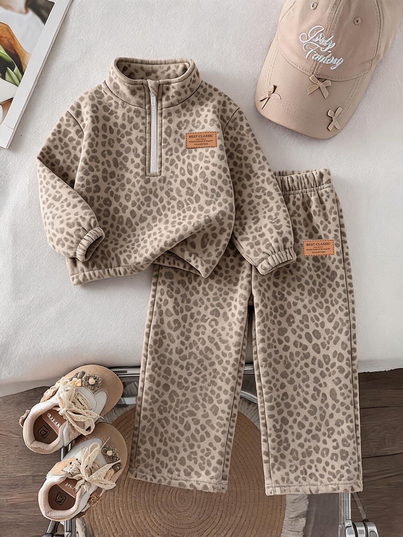 Ensemble Jeune Fille à Pois Café au Lait Doux, Sweat-shirt en Polaire à Col Montant