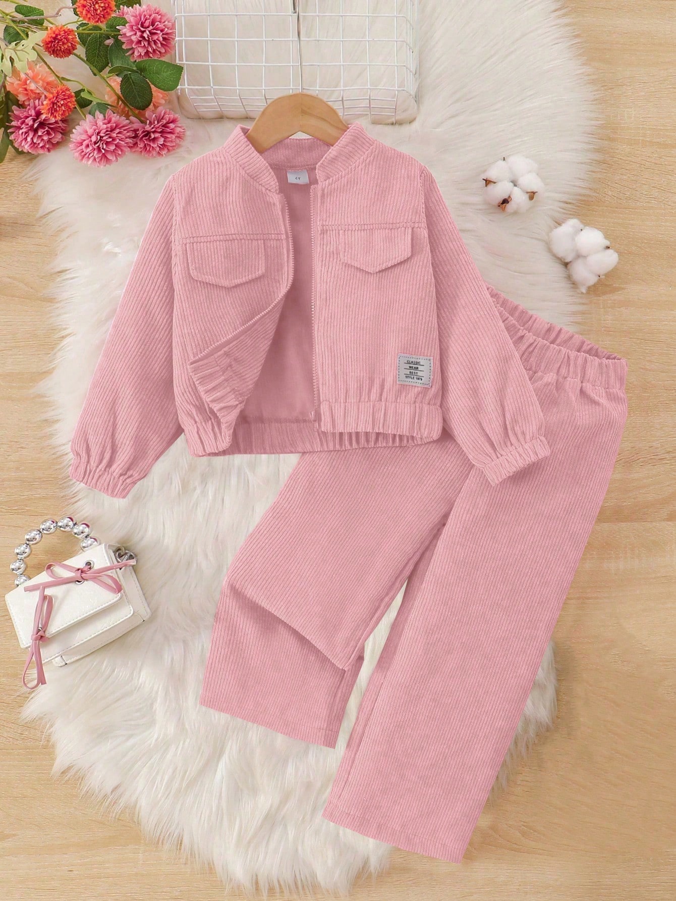 /Set Veste et pantalon en velours côtelé doux et confortable de couleur unie pour filles, — vue 3