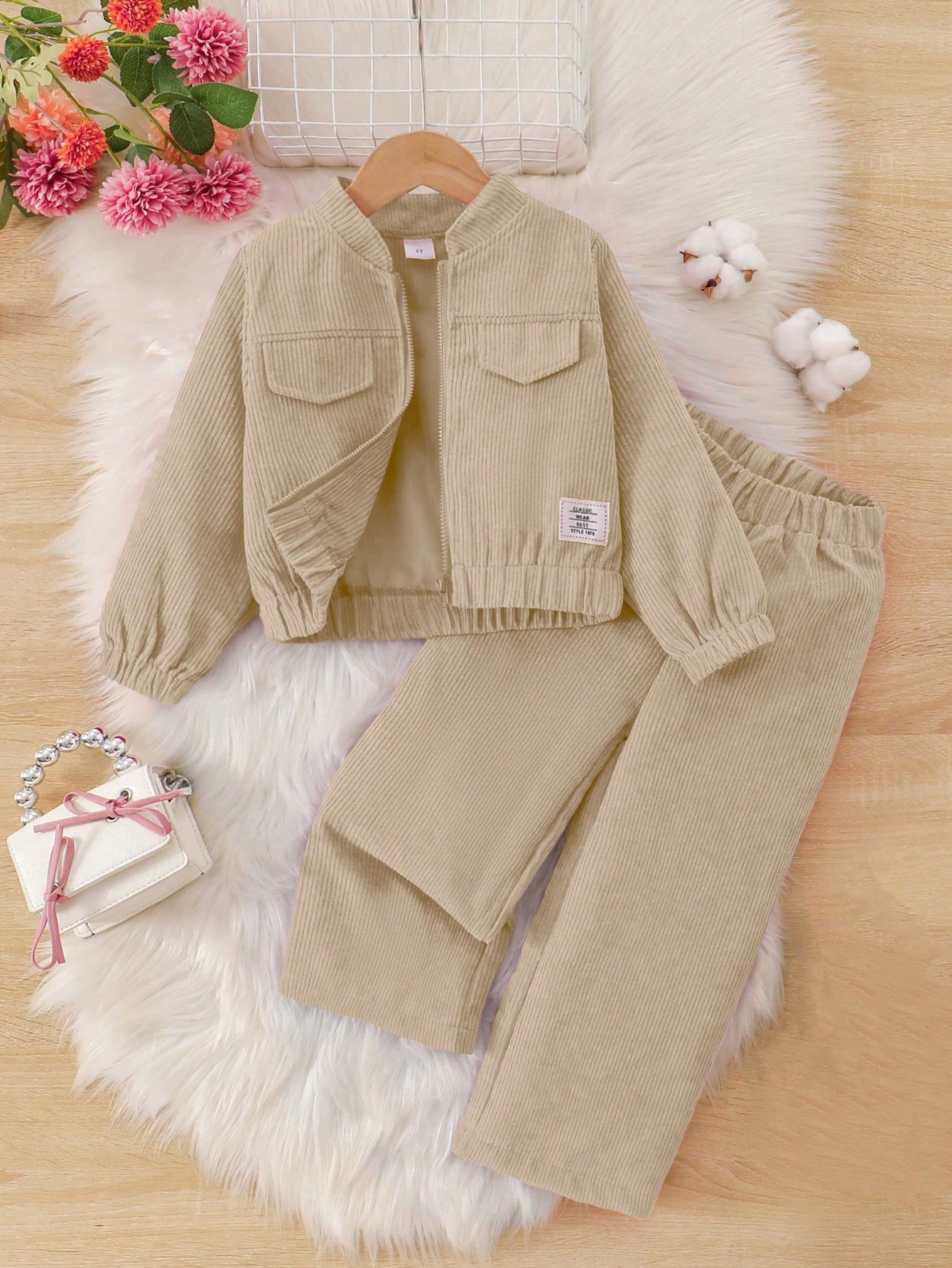 /Set Veste et pantalon en velours côtelé doux et confortable de couleur unie pour filles, — vue 5