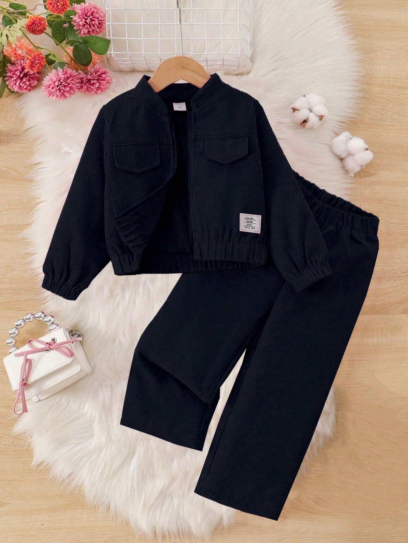 /Set Veste et pantalon en velours côtelé doux et confortable de couleur unie pour filles, — vue 4